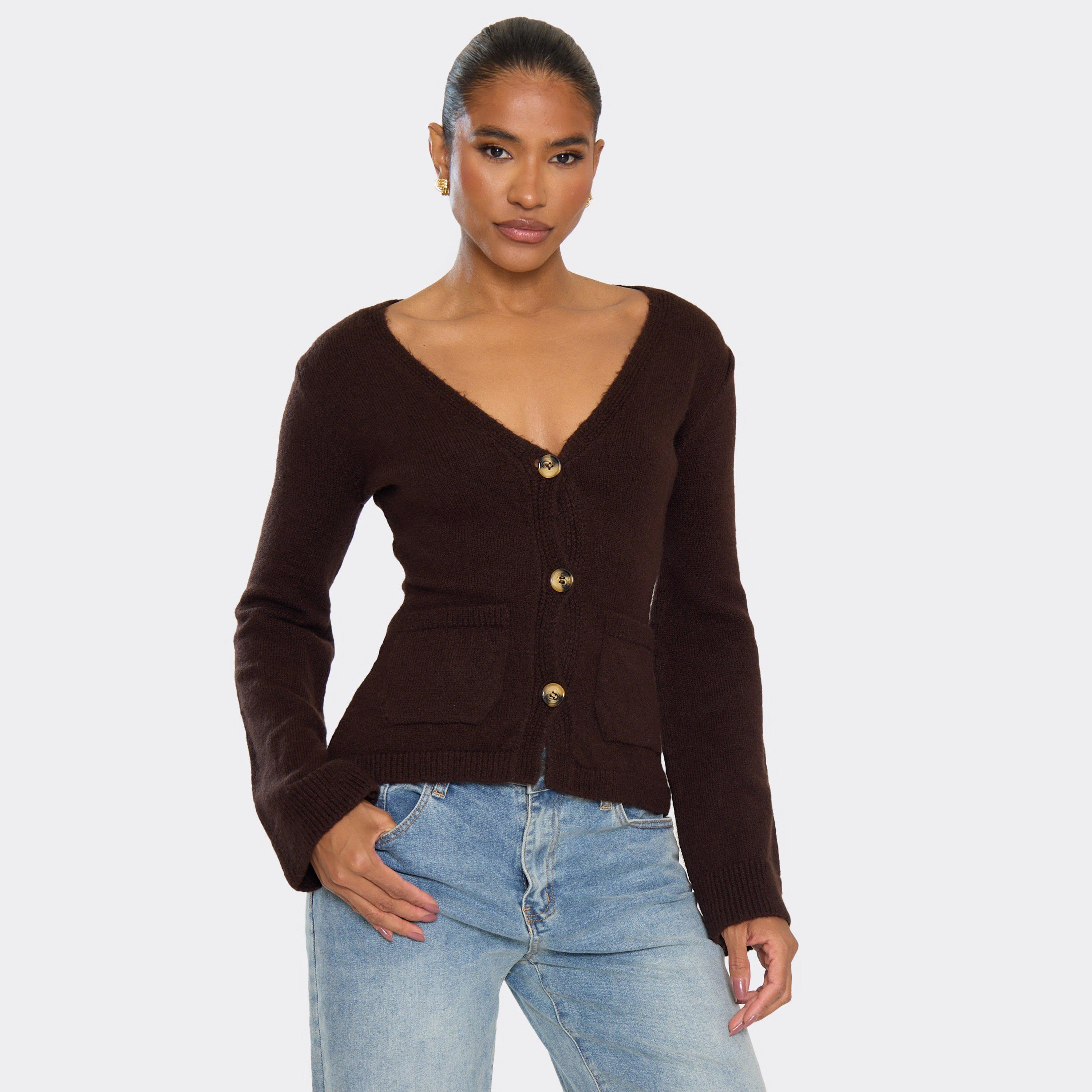 Image of Long Sleeve Button Front Cinched Waist Cardigan In Brown Knit, Women's Size UK L