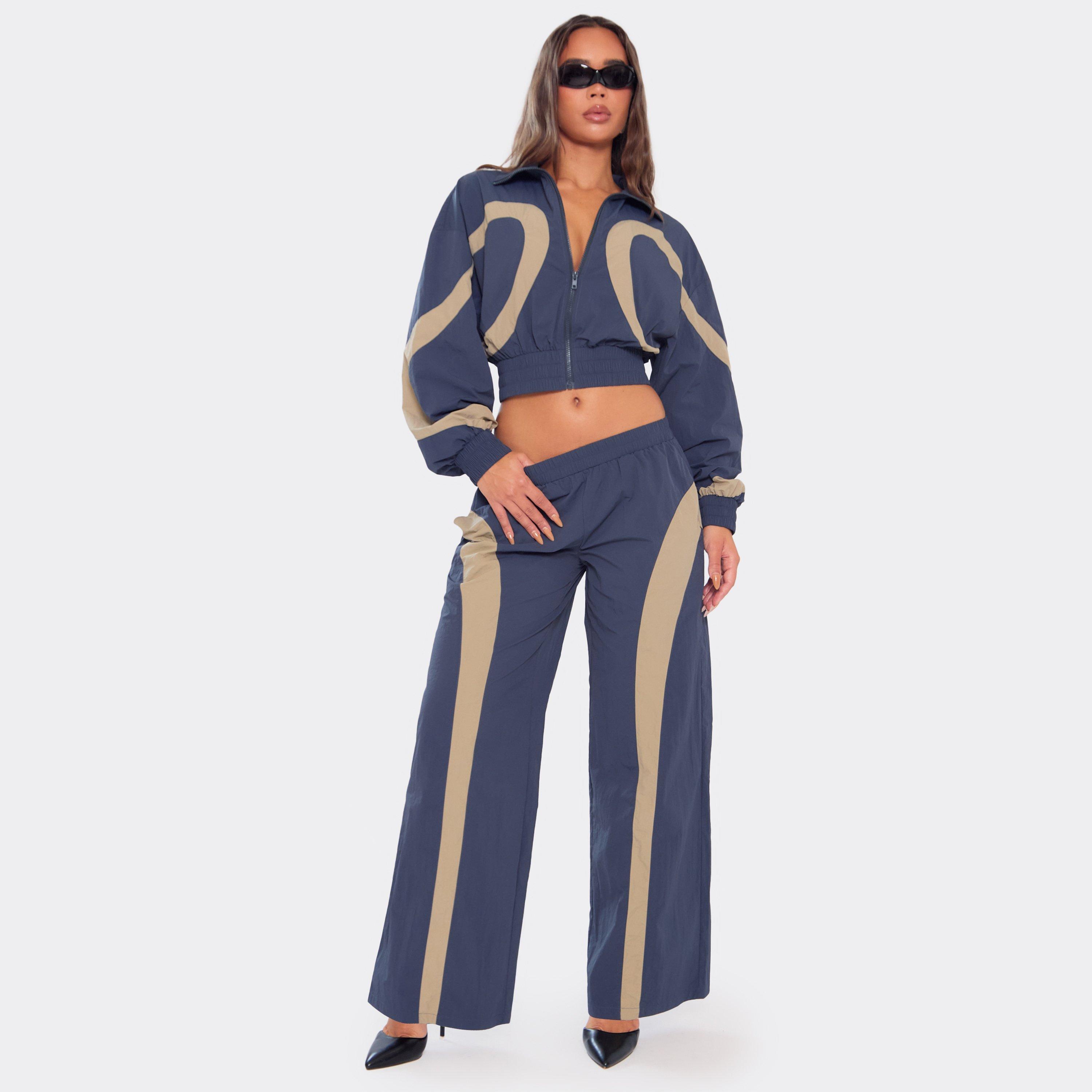 Mid Rise Contrast Panel Track Pants In Navy Shell, Women's Size UK 6