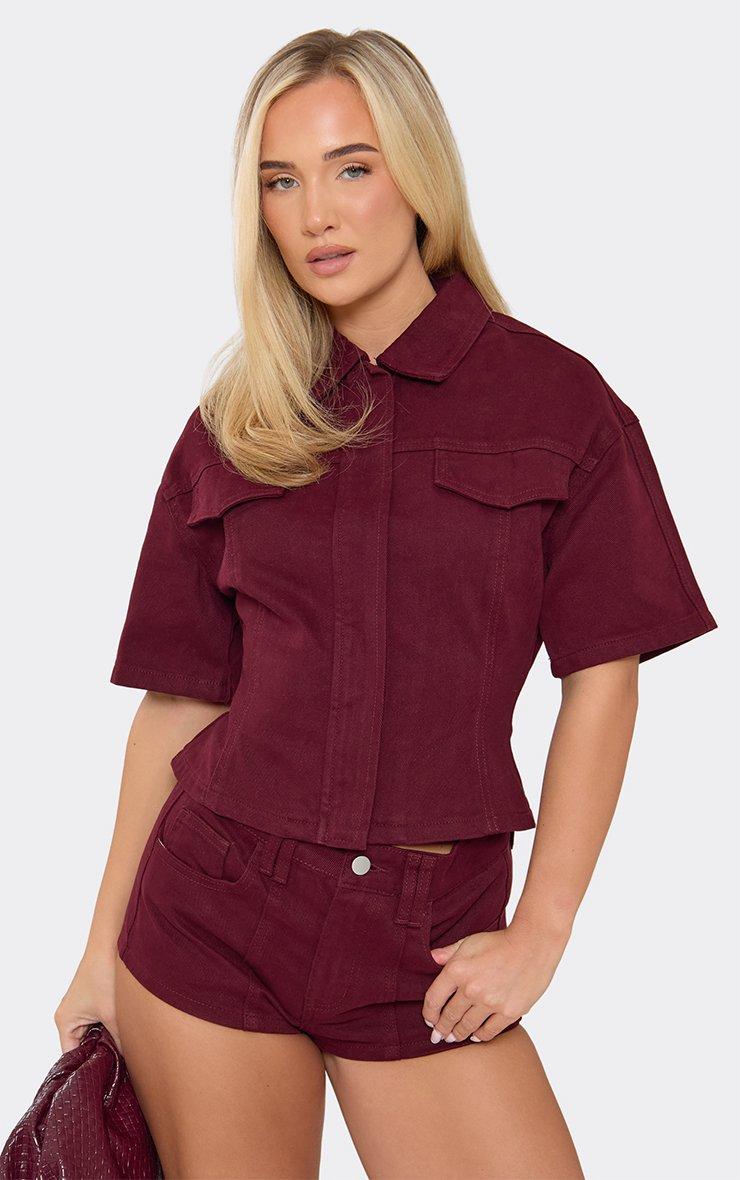 46303 Short Sleeve Cinched Waist Detail Collared Top In Red