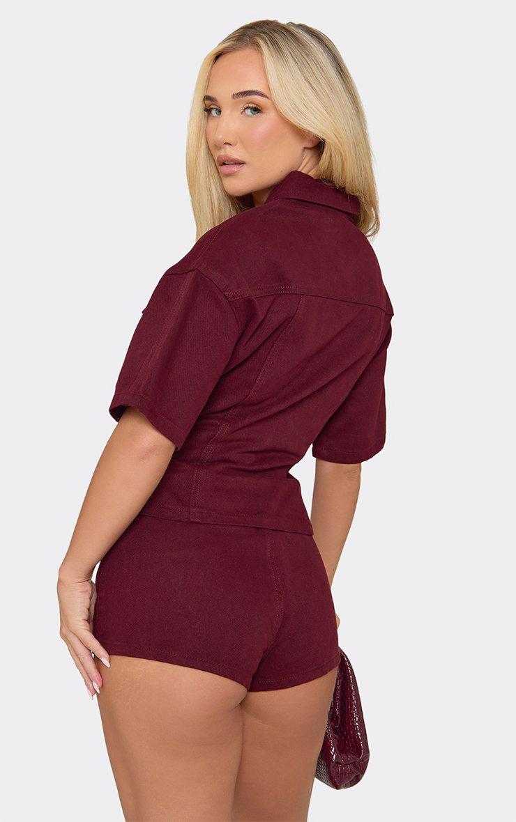 46303 Short Sleeve Cinched Waist Detail Collared Top In Red