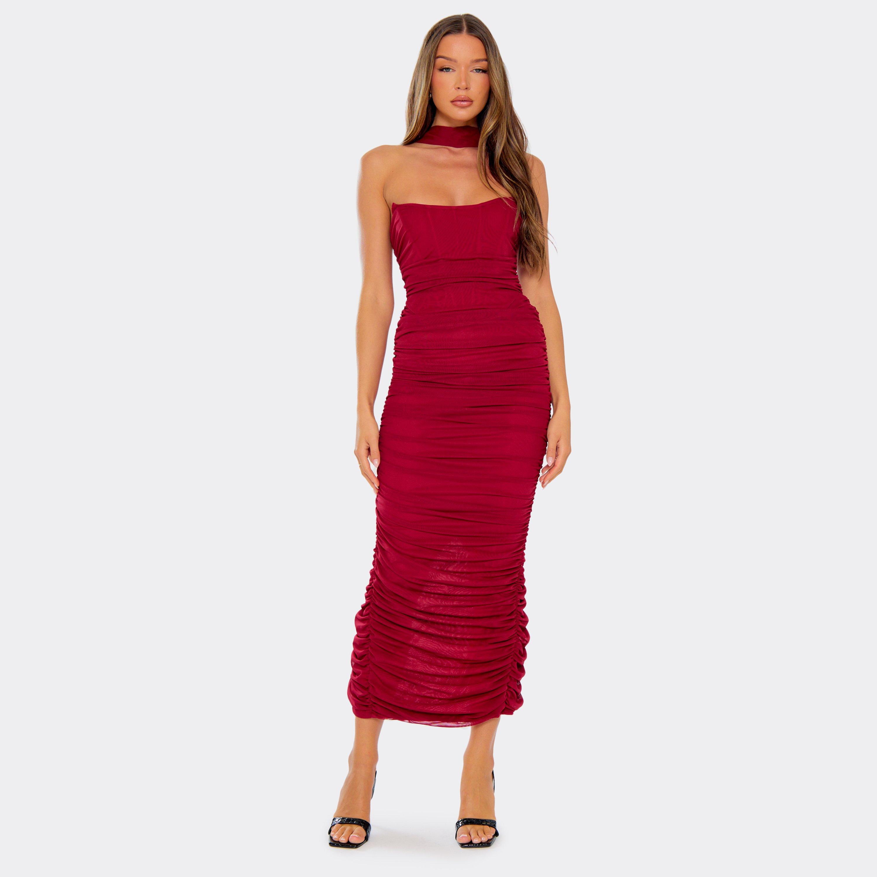 Bandeau Scarf Neck Ruched Detail Corset Maxi Dress In Burgundy, Women’s