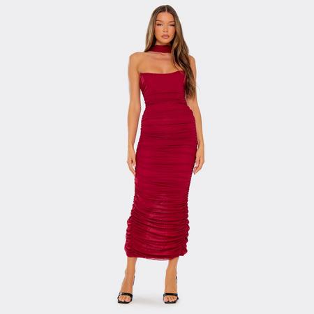 Bandeau Scarf Neck Ruched Detail Corset Maxi Dress In Burgundy, Women's Size US