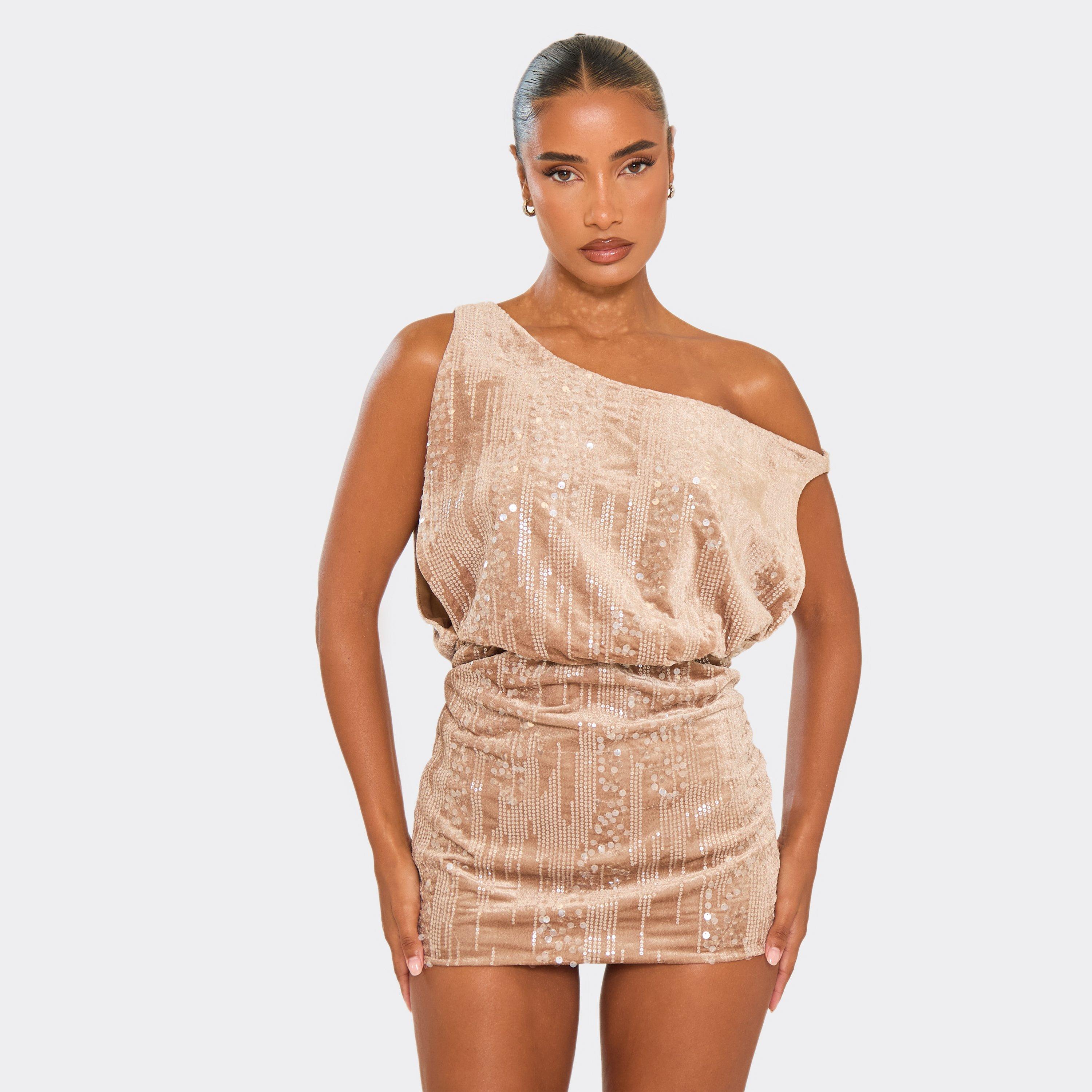 One Shoulder Drape Detail Mini Dress In Beige Sequin Velour, Women's Size UK 6