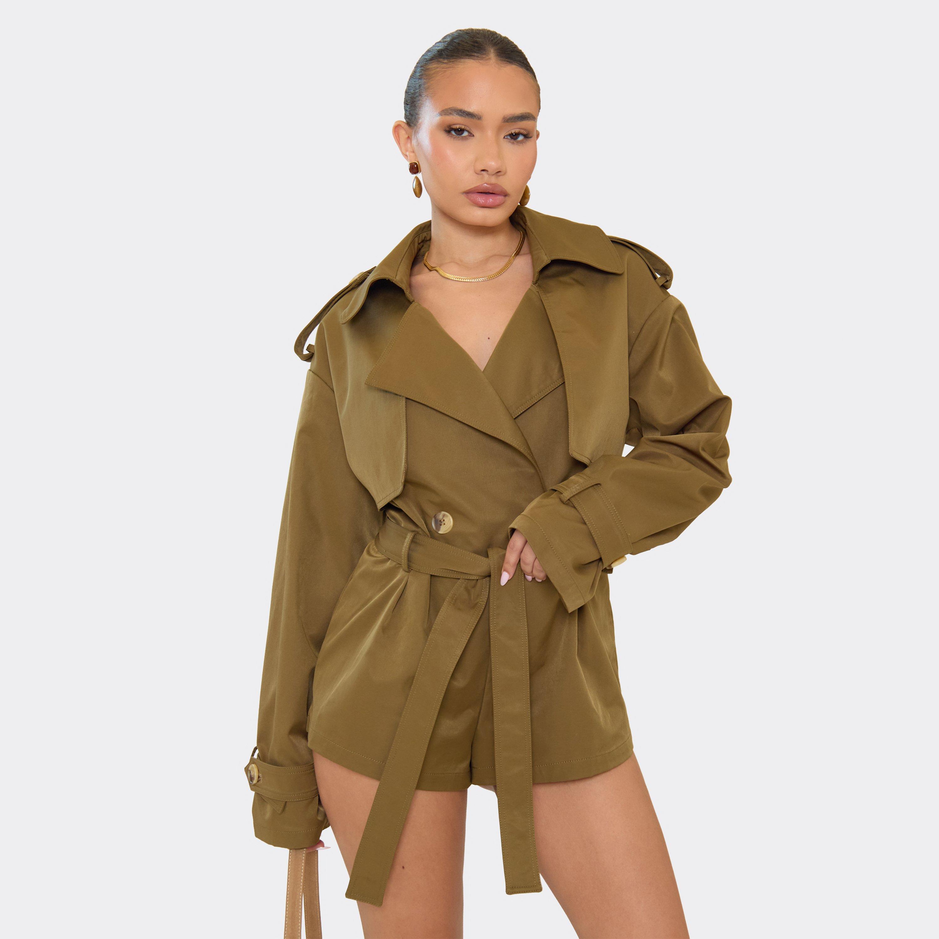 Image of Belted Waist Trench Playsuit In Khaki, Women's