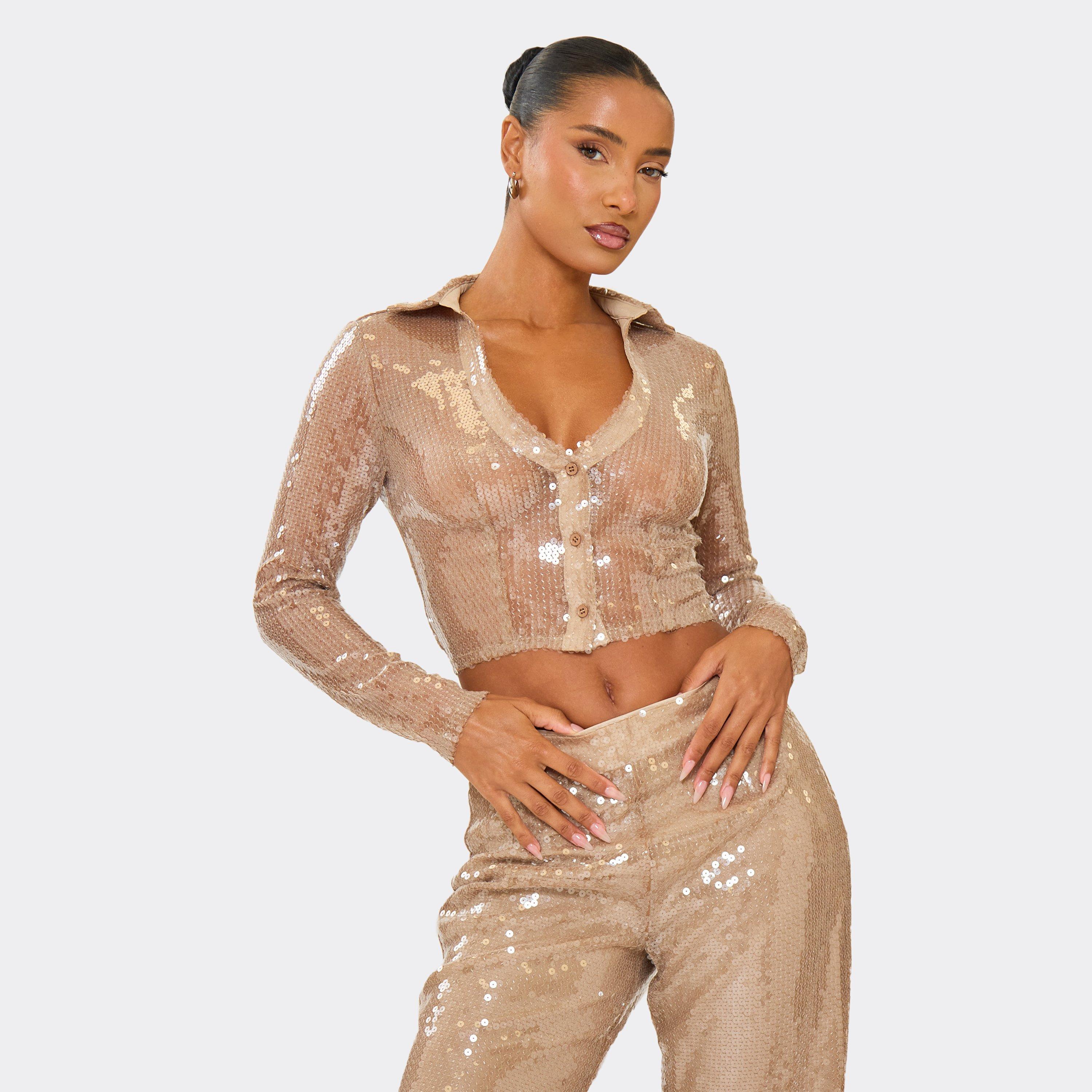 Long Sleeve Plunge Shirt Crop Top In Nude Sequin, Women's Size UK 10