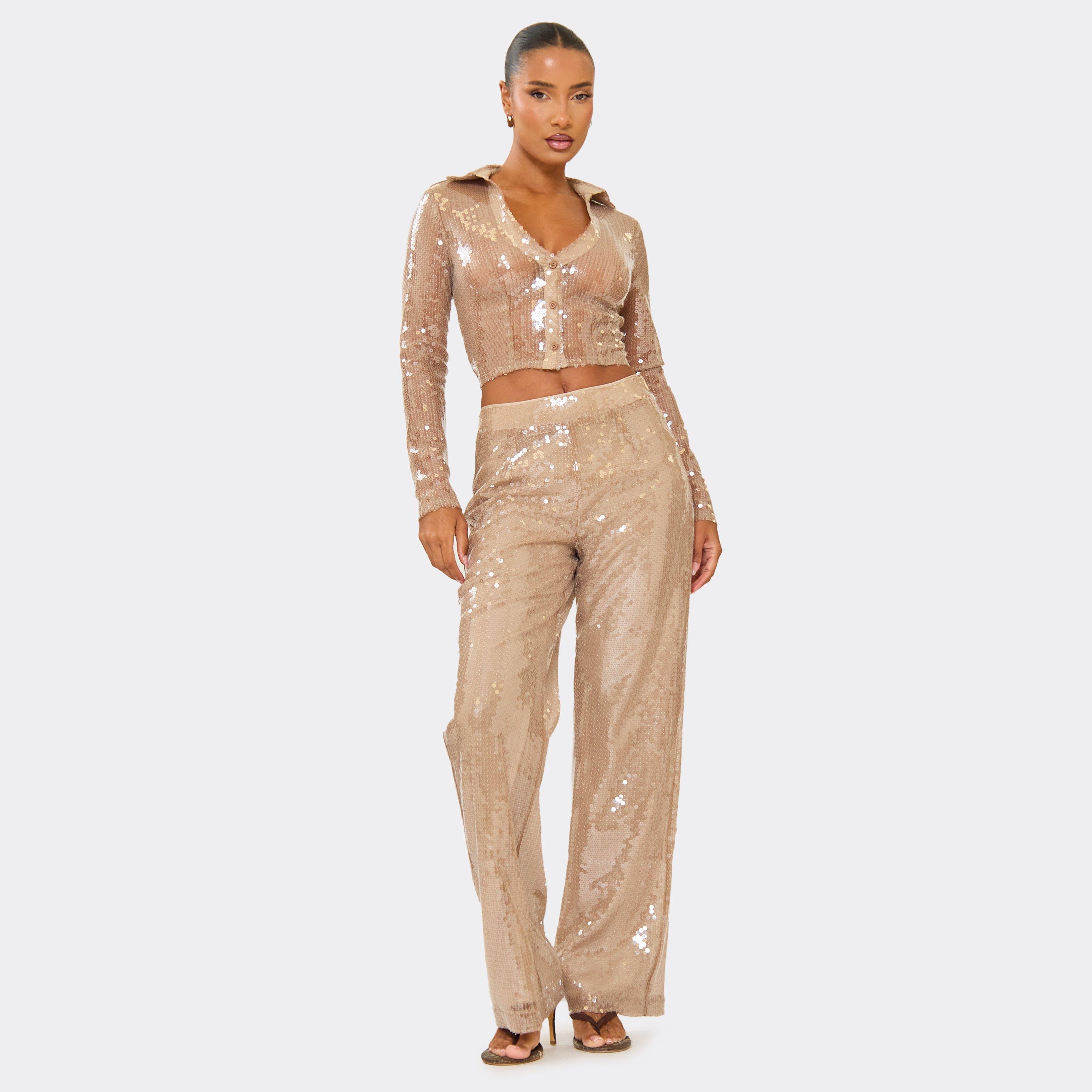 Mid Rise Wide Leg Trousers In Nude Sequin, Women's Size UK 6