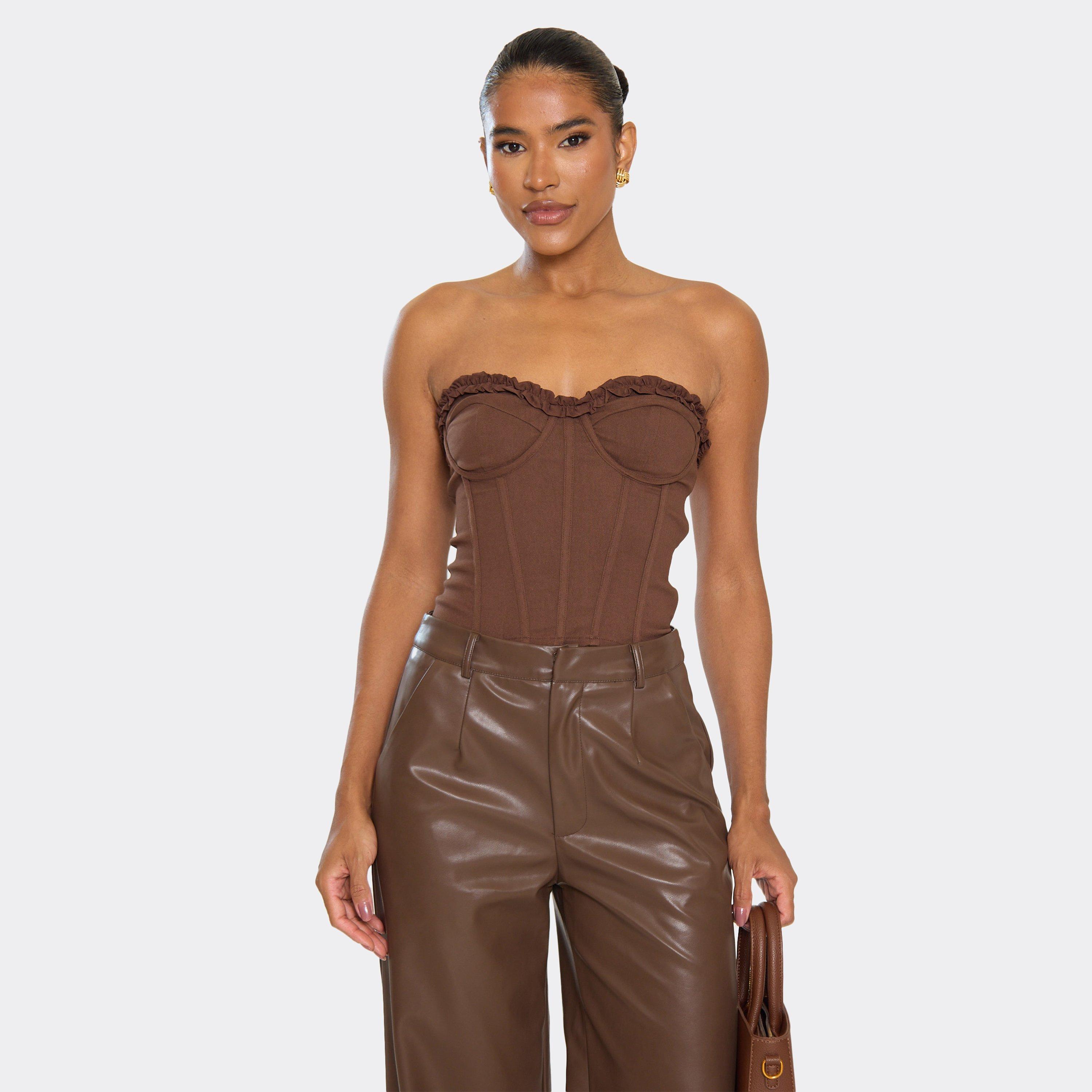 Corset Ruffle Detail Top In Chocolate Brown, Women’s