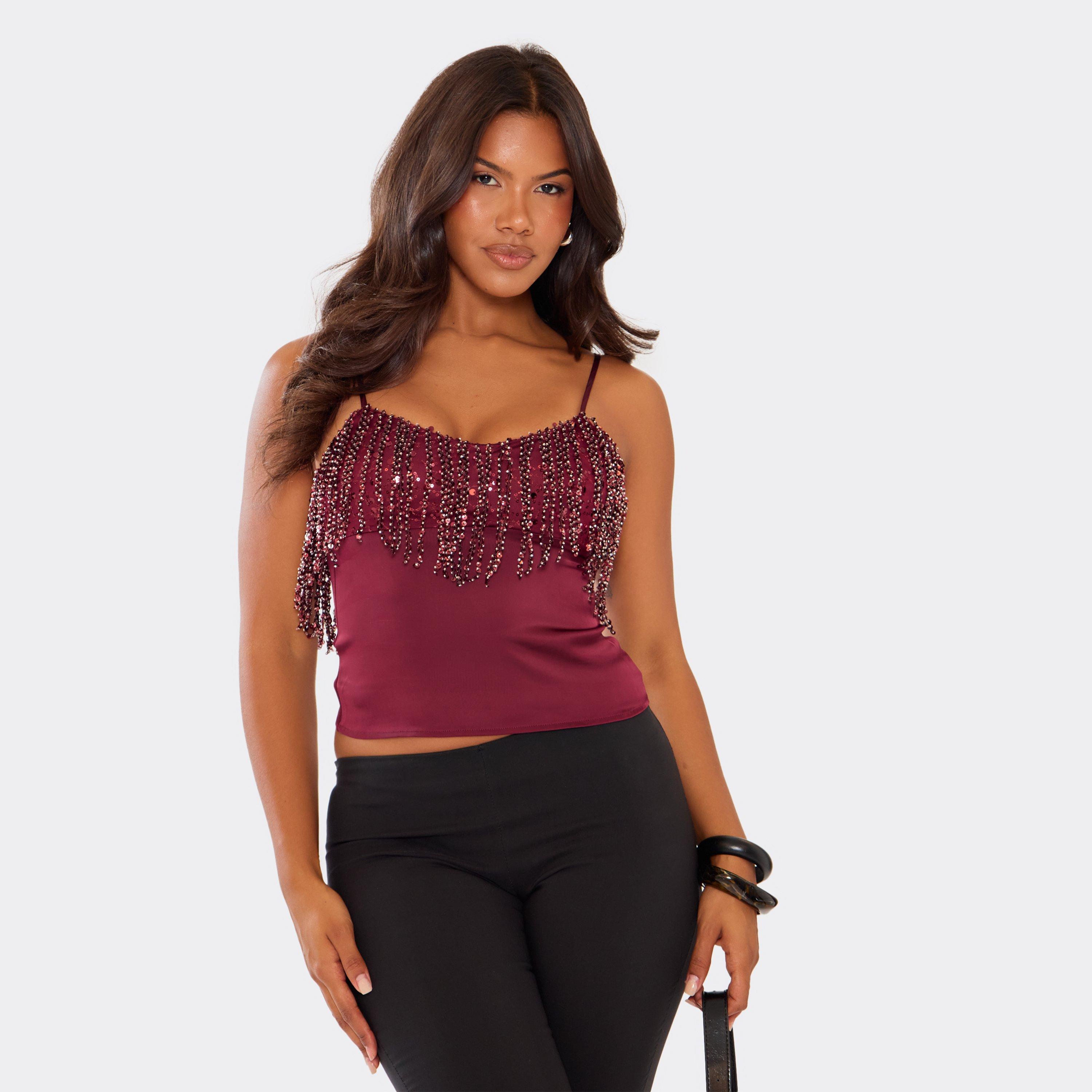 Strappy Sequin Tassel Hem Detail Cami Top In Plum, Women's Size UK 6