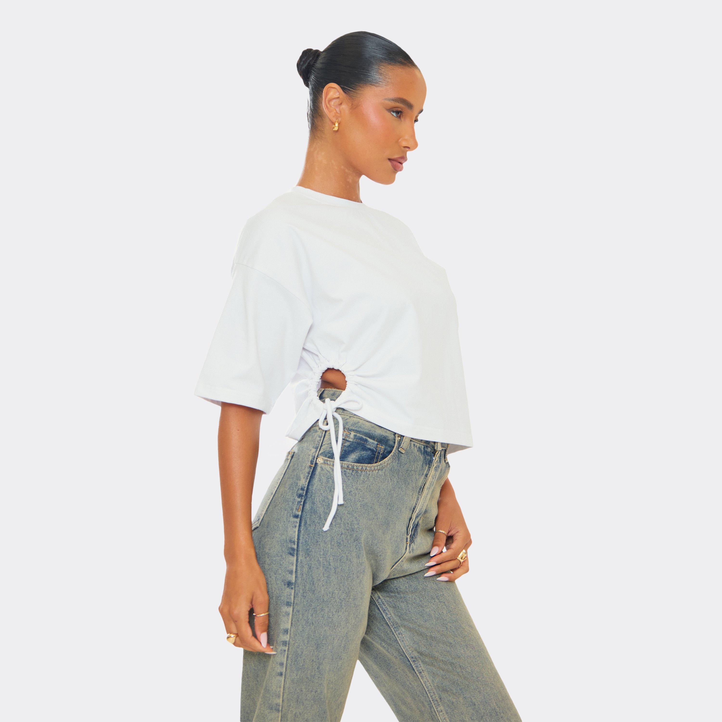 Image of Tie Side Cut Out Detail Oversized T-Shirt In White, Women's