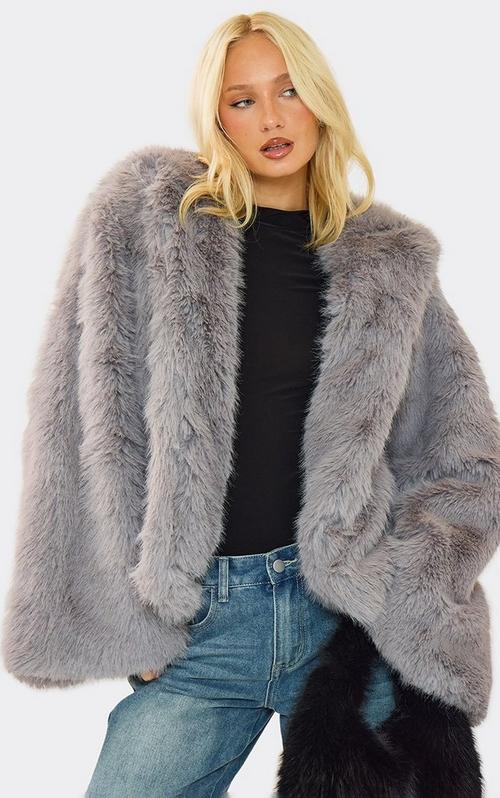 Oversized Collar Textured Detail Jacket In Grey Faux Fur | EGO US