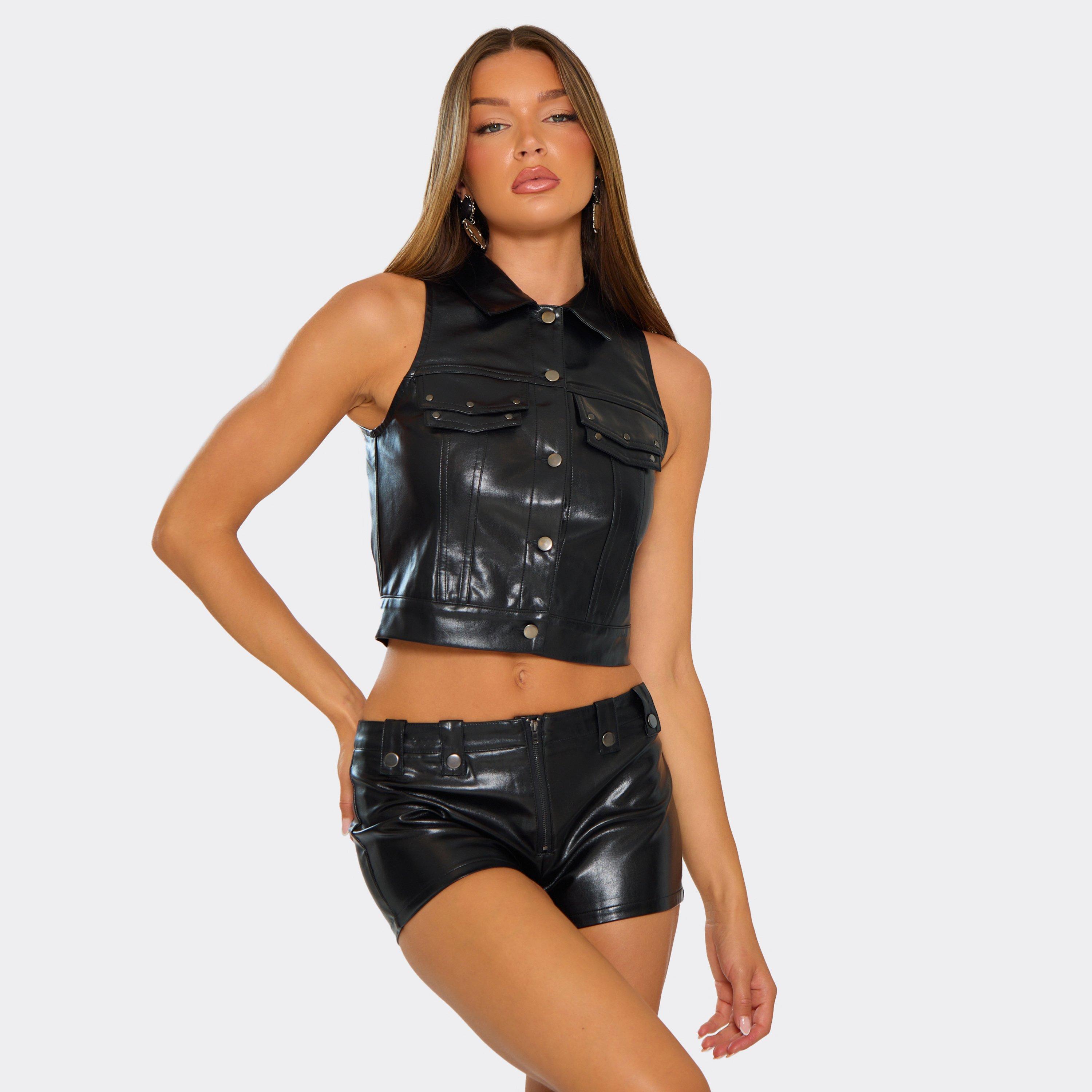 Sleeveless Stud Pocket Detail Waistcoat In Black Faux Leather, Women's Size UK 6