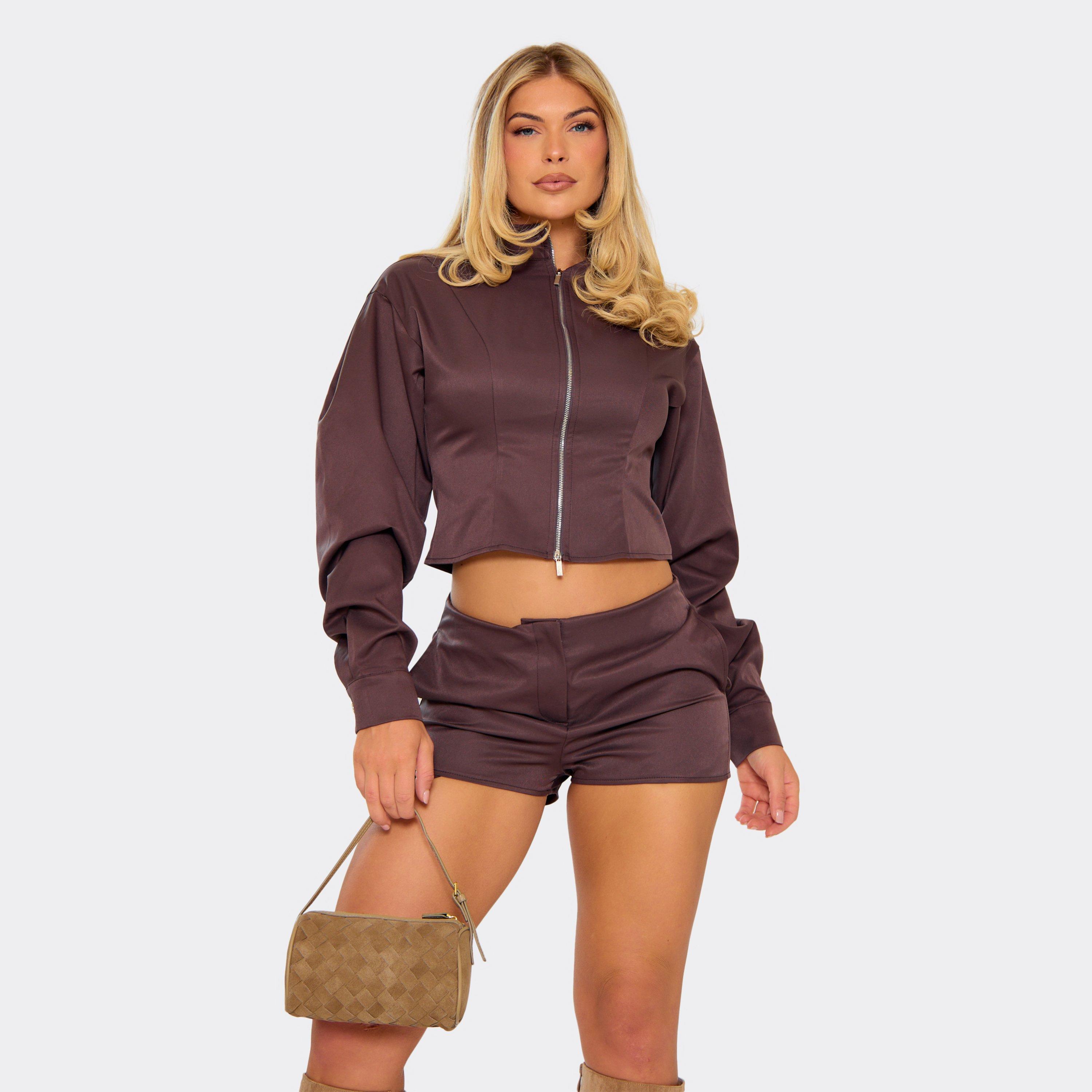 Balloon Sleeve Double Zip Up Cinched Waist Jacket In Chocolate Brown Woven, Women's Size UK 6