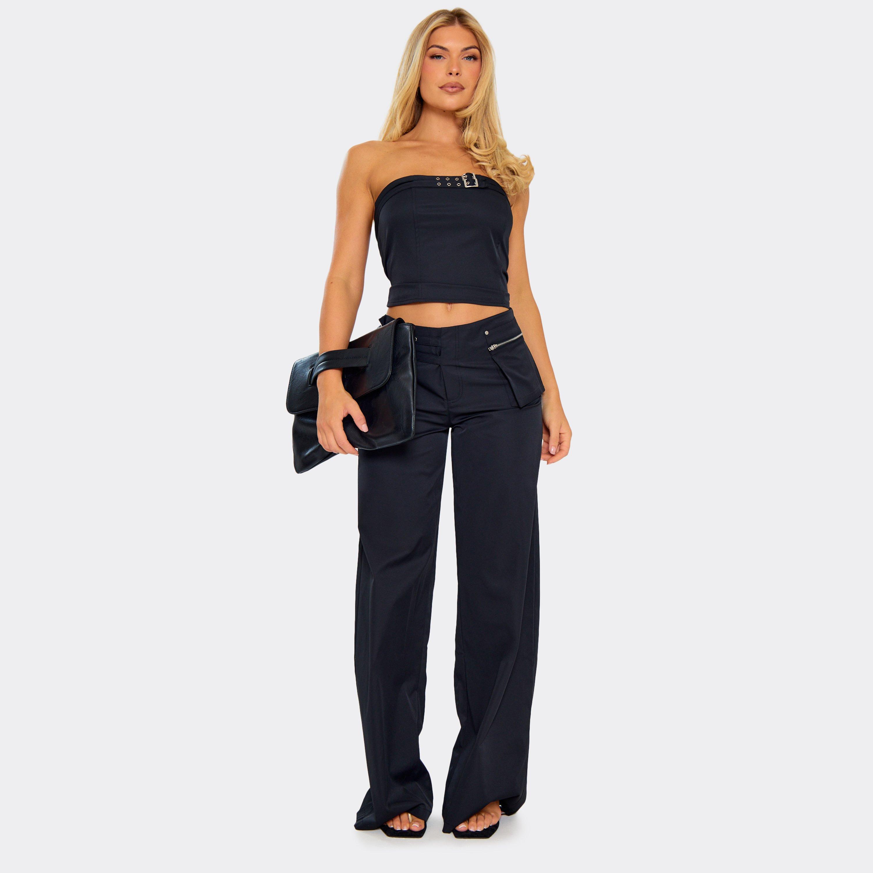 Mid Rise Belt Detail Wide Leg Trousers In Black Woven, Women's Size UK 6