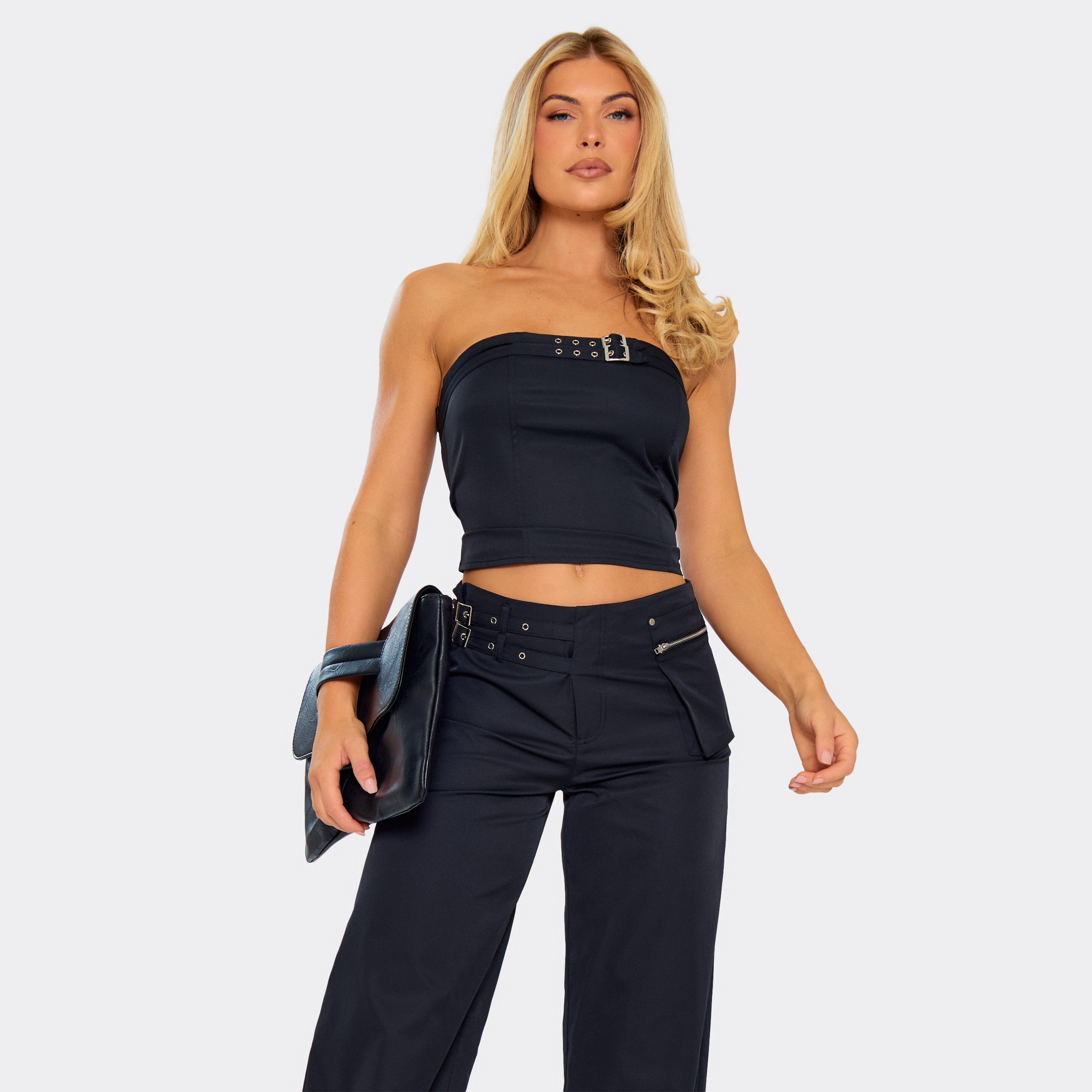 Bandeau Belted Tube Top In Black Woven, Women's Size UK 10