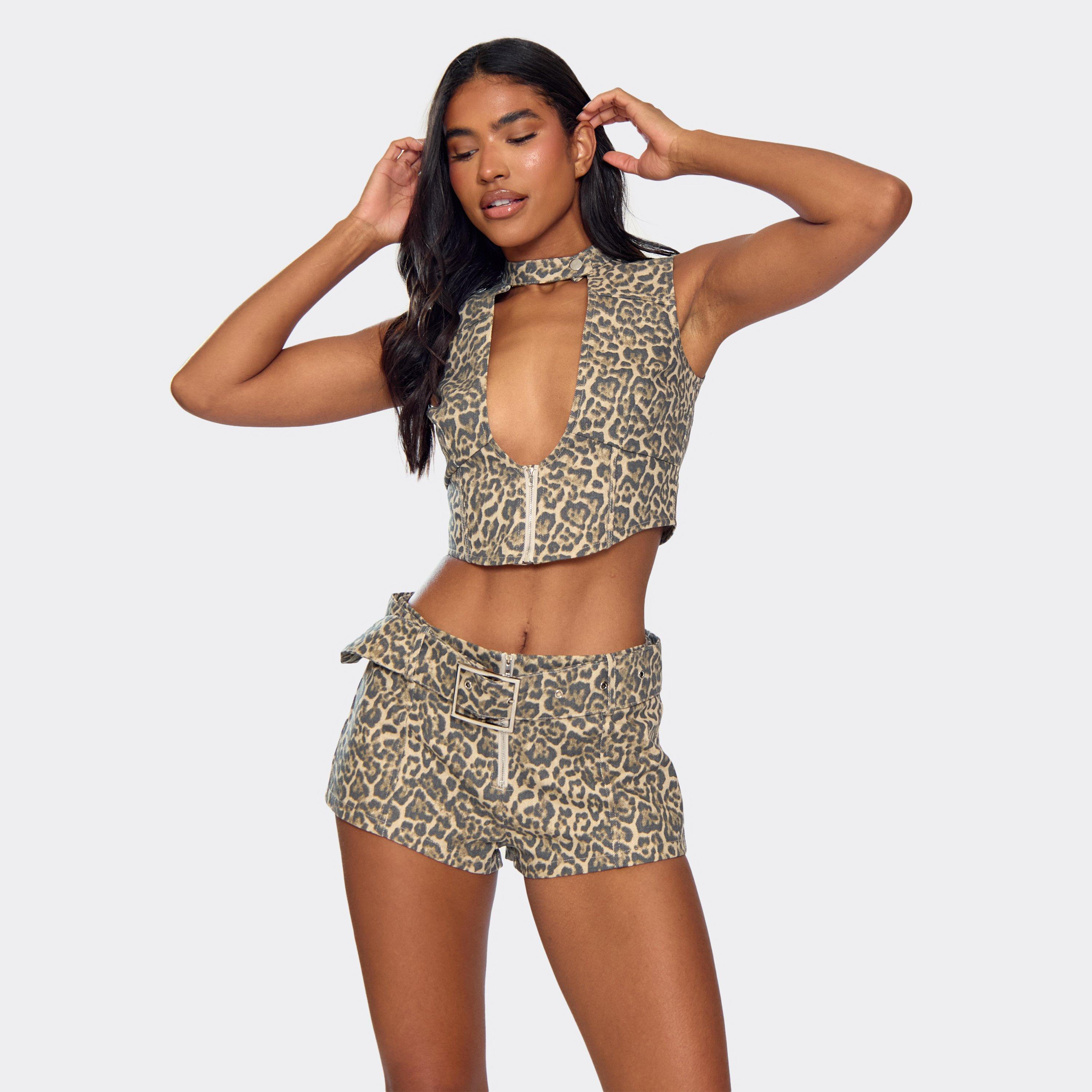 Plunge Chocker Neck Zip Up Front Top In Brown Leopard Print, Women's Size UK 10