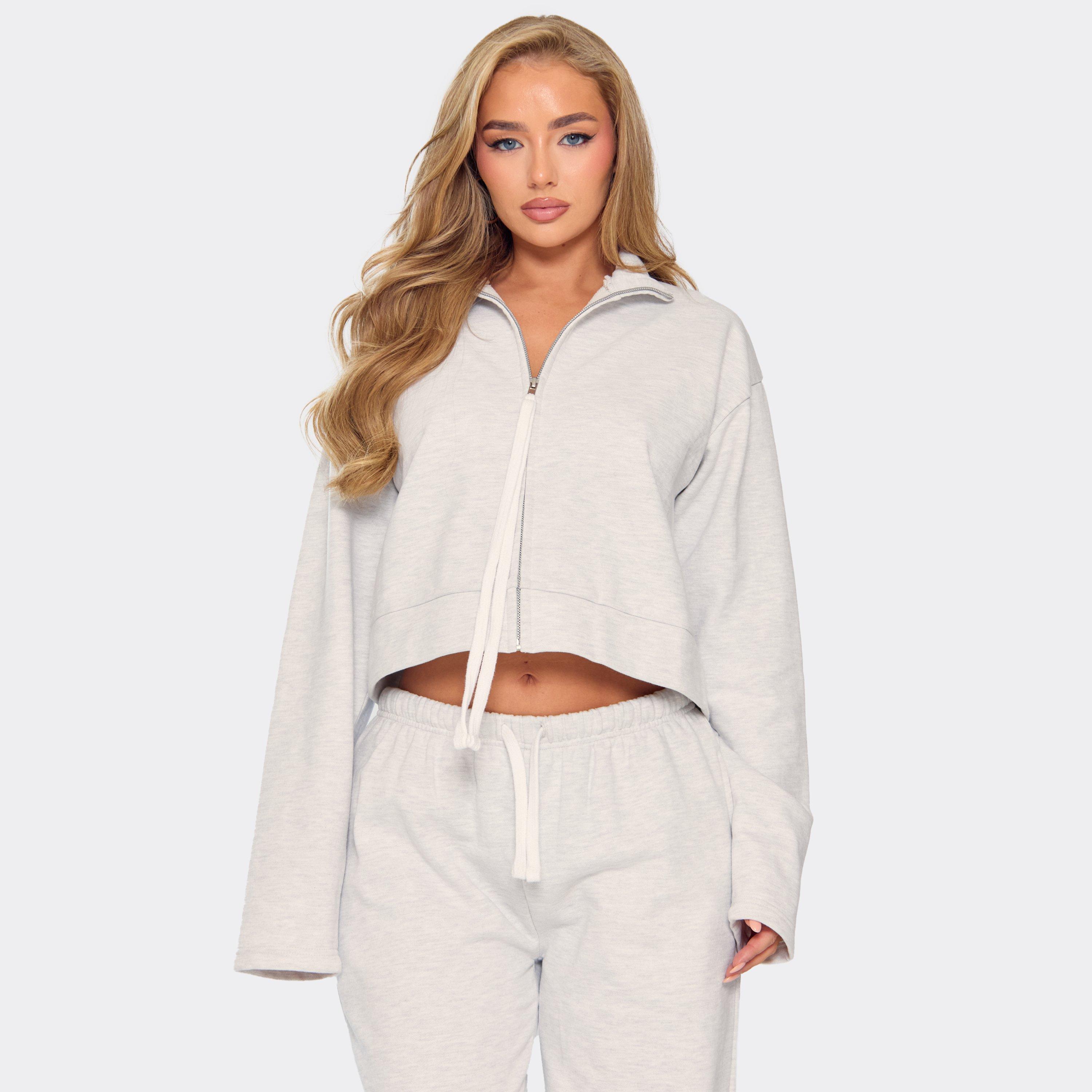 Long Sleeve Contrast Tie Zip Up Sweatshirt In Light Grey Marl, Women's Size UK 12