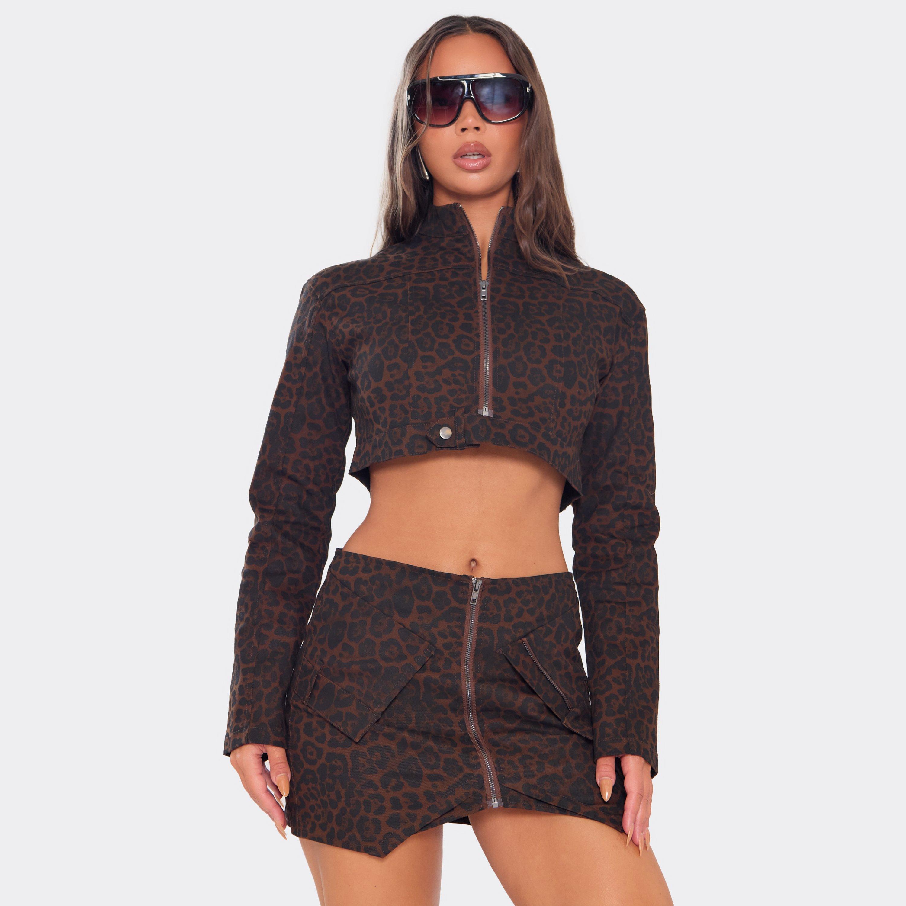 High Neck Zip Front Cropped Jacket In Brown Leopard Print, Women's Size UK 6