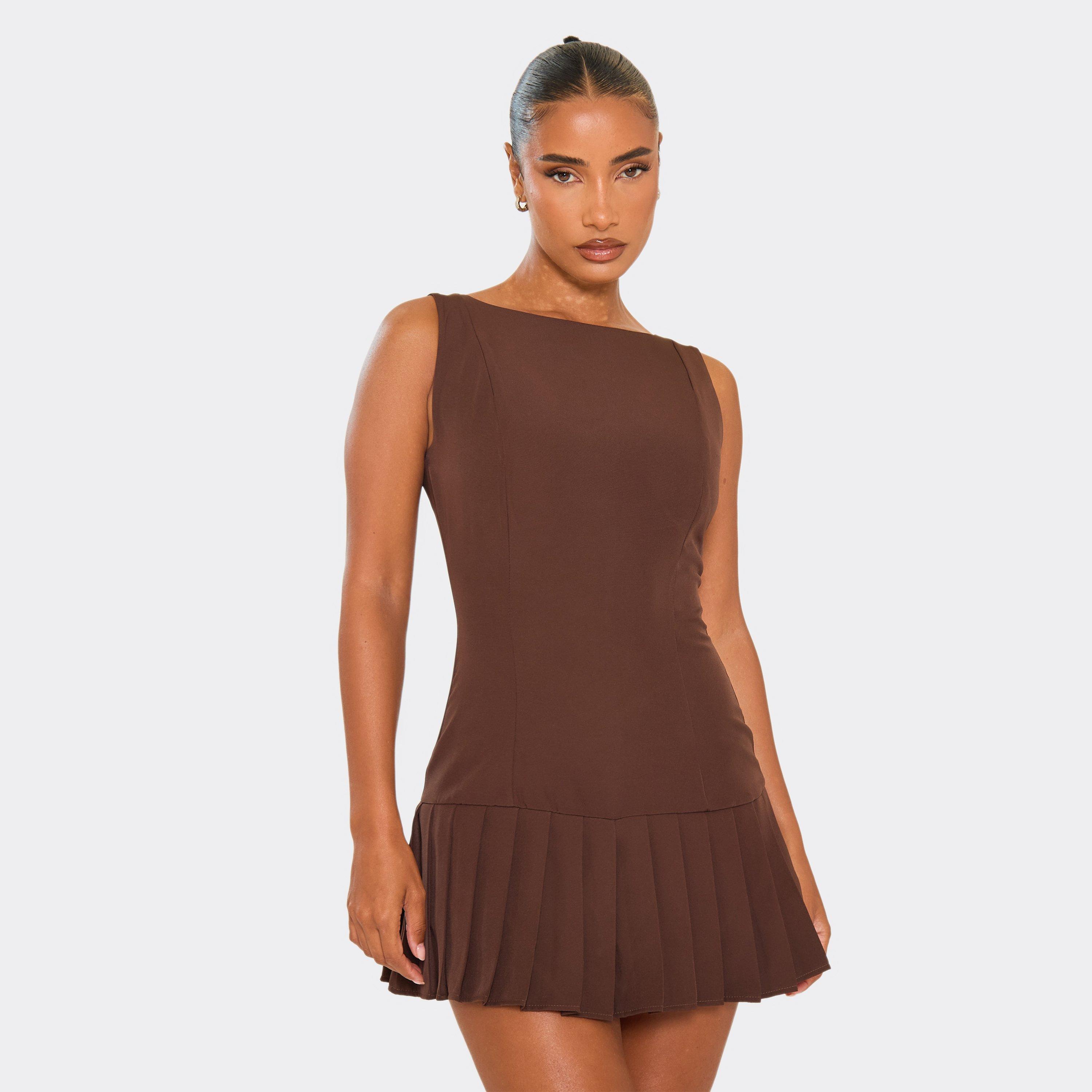 Image of Sleeveless Pleated Hem Detail Playsuit In Chocolate Brown, Women's