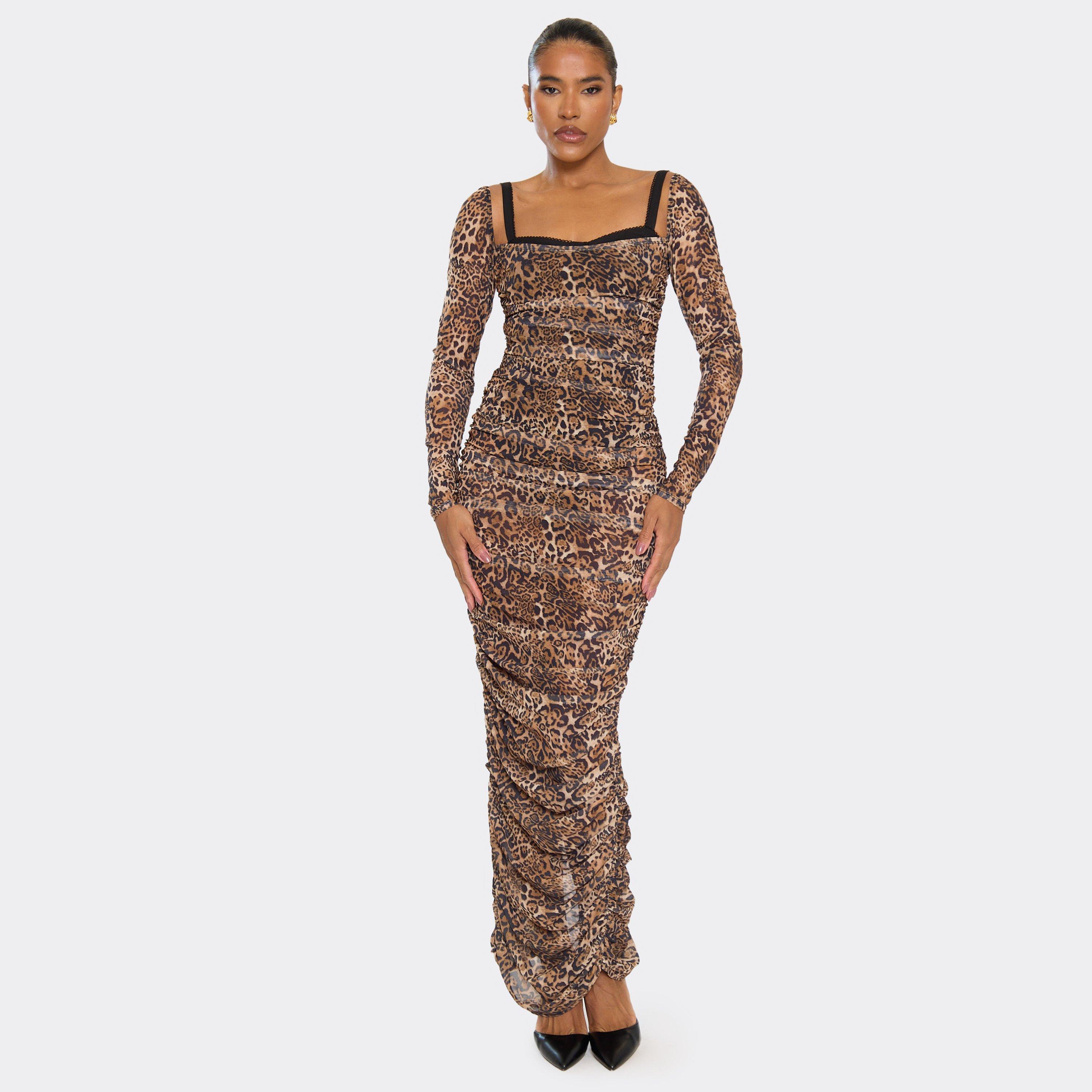Long Sleeve Ruched Bra Detail Maxi Dress In Brown Leopard Print, Women's Size UK 8