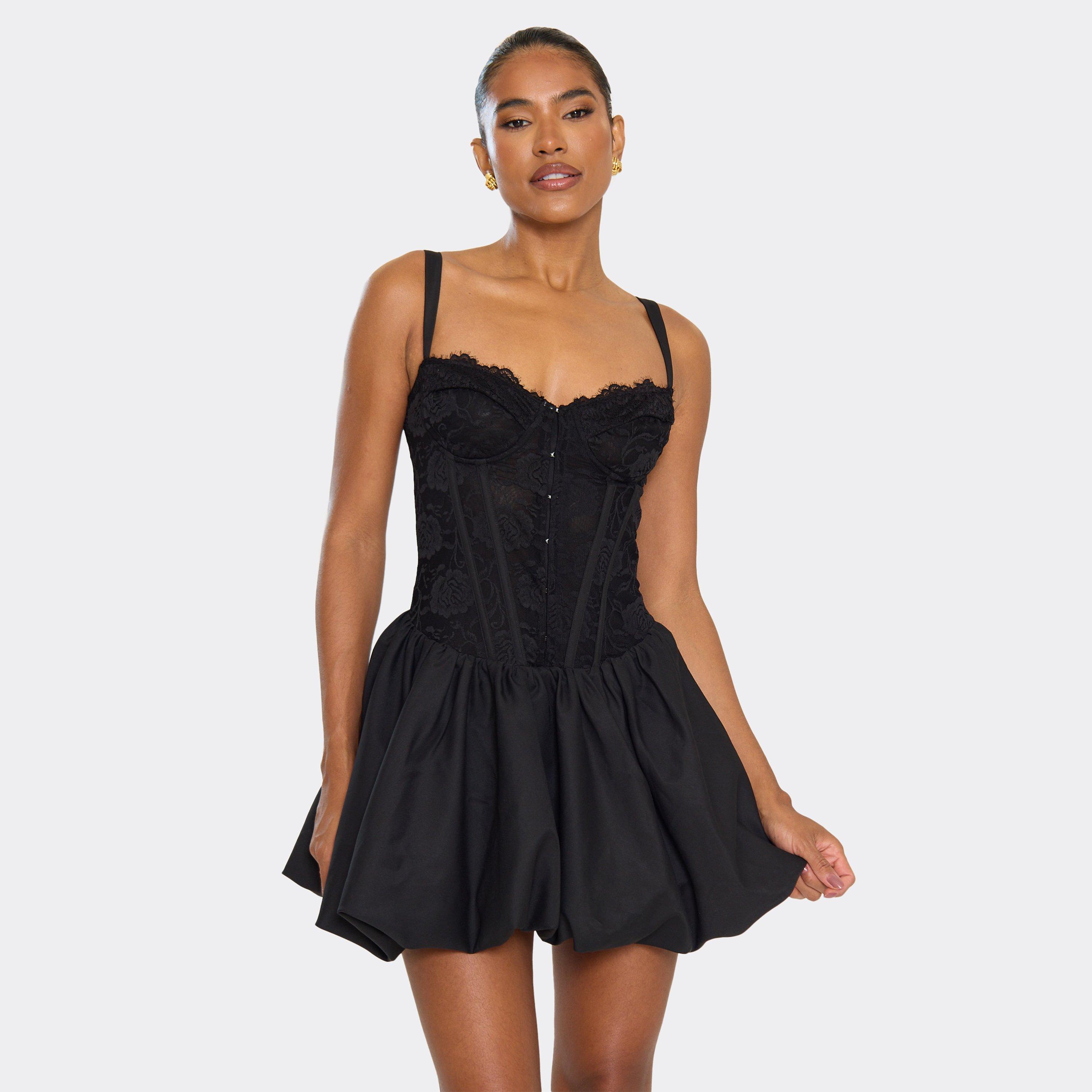 Sweetheart Neck Underwire Contrast Lace Puffball Detail Mini Dress In Black, Women’s