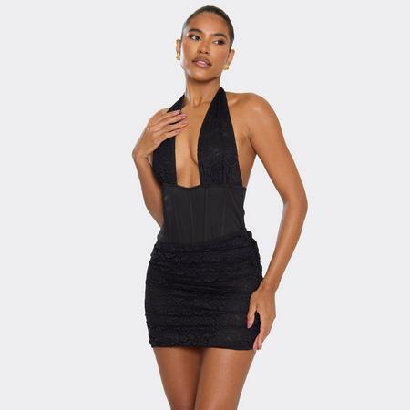 Plunge Neck Corset Detail Mini Dress In Black Lace, Women's Size US