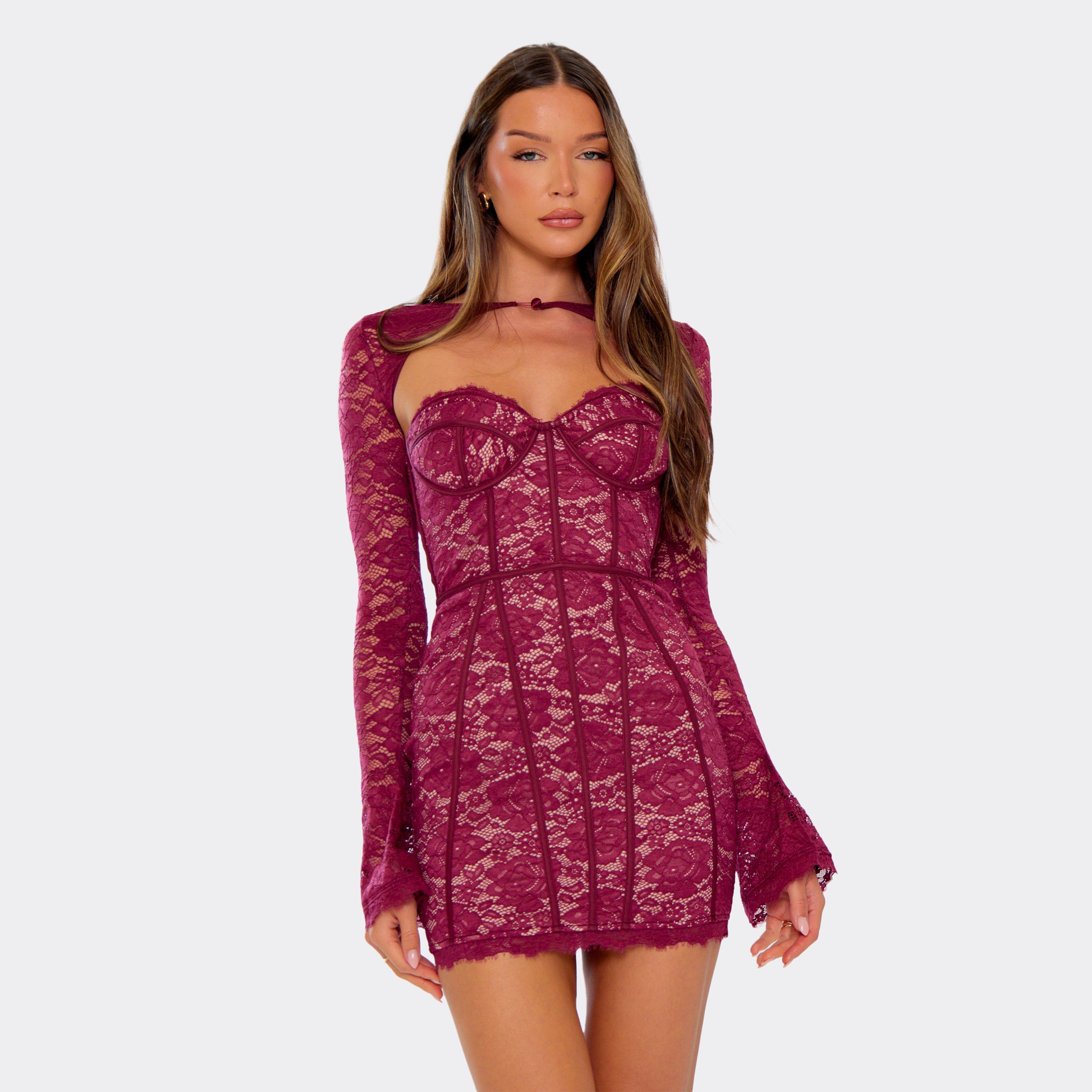 Flared Detachable Sleeves Underwire Corset Detail Mini Dress In Burgundy Lace, Women’s