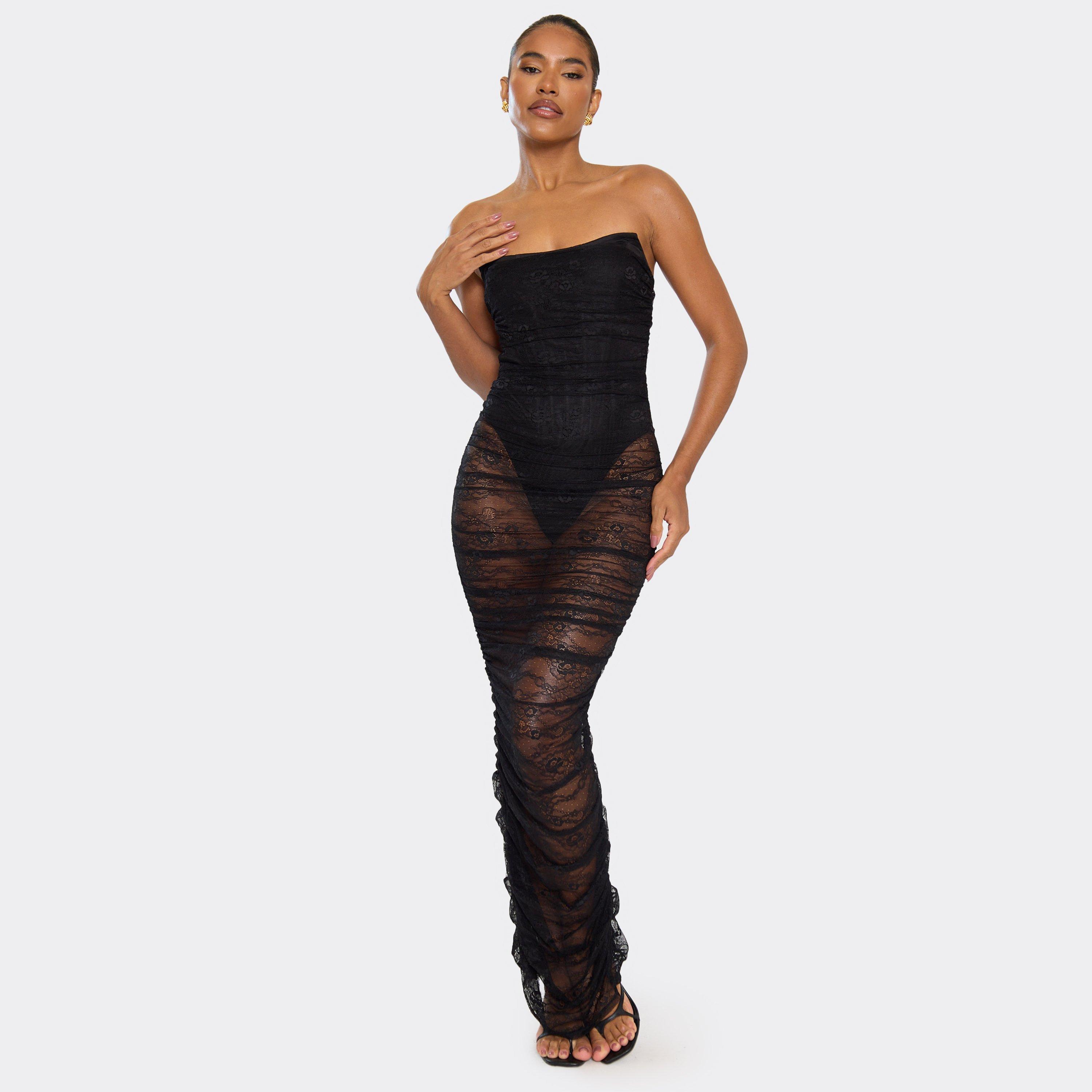 Bandeau Ruched Corset Detail Maxi Dress In Black Lace, Women’s