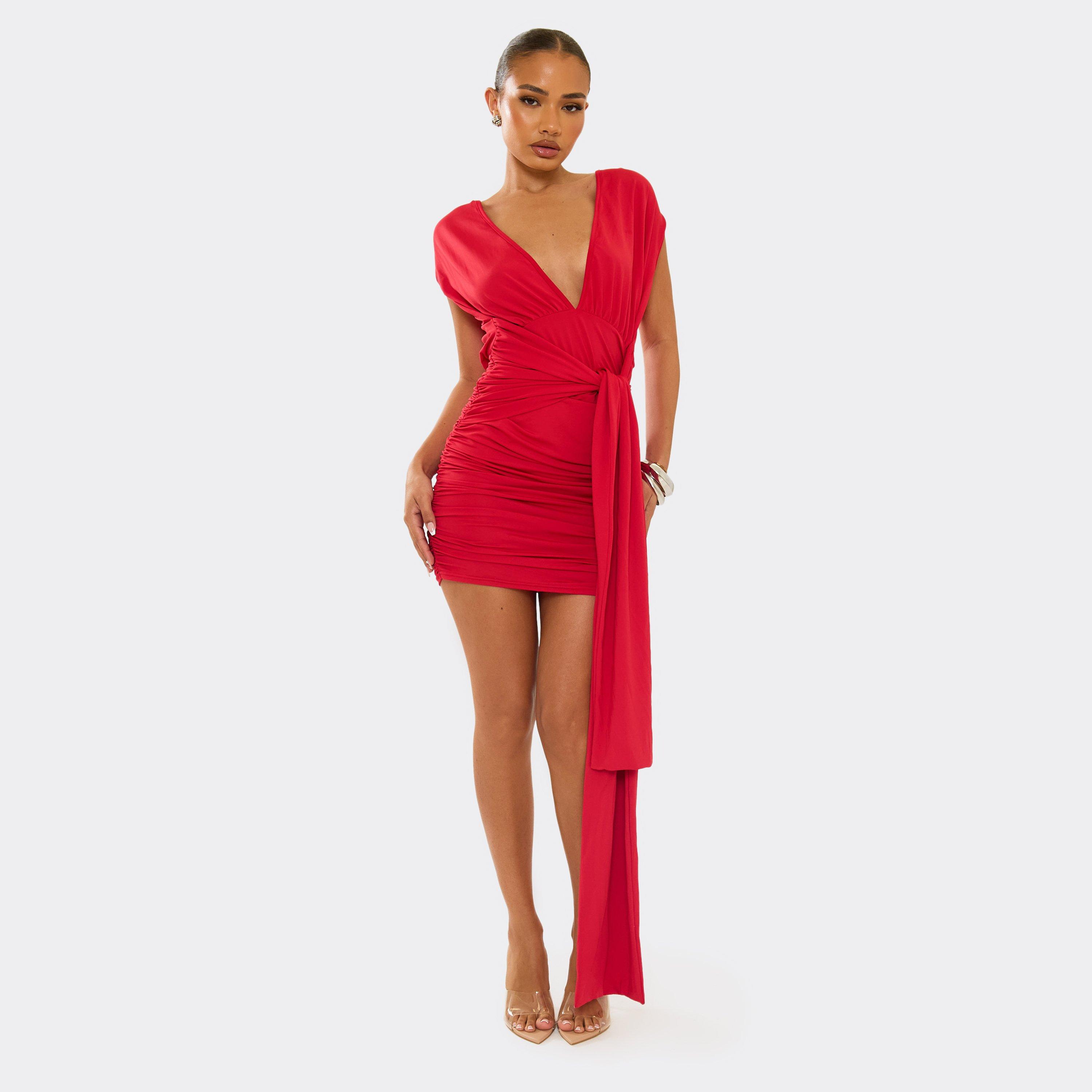 Plunge Neck Drape Detail Sleeveless Mini Dress In Red, Women's Size UK S