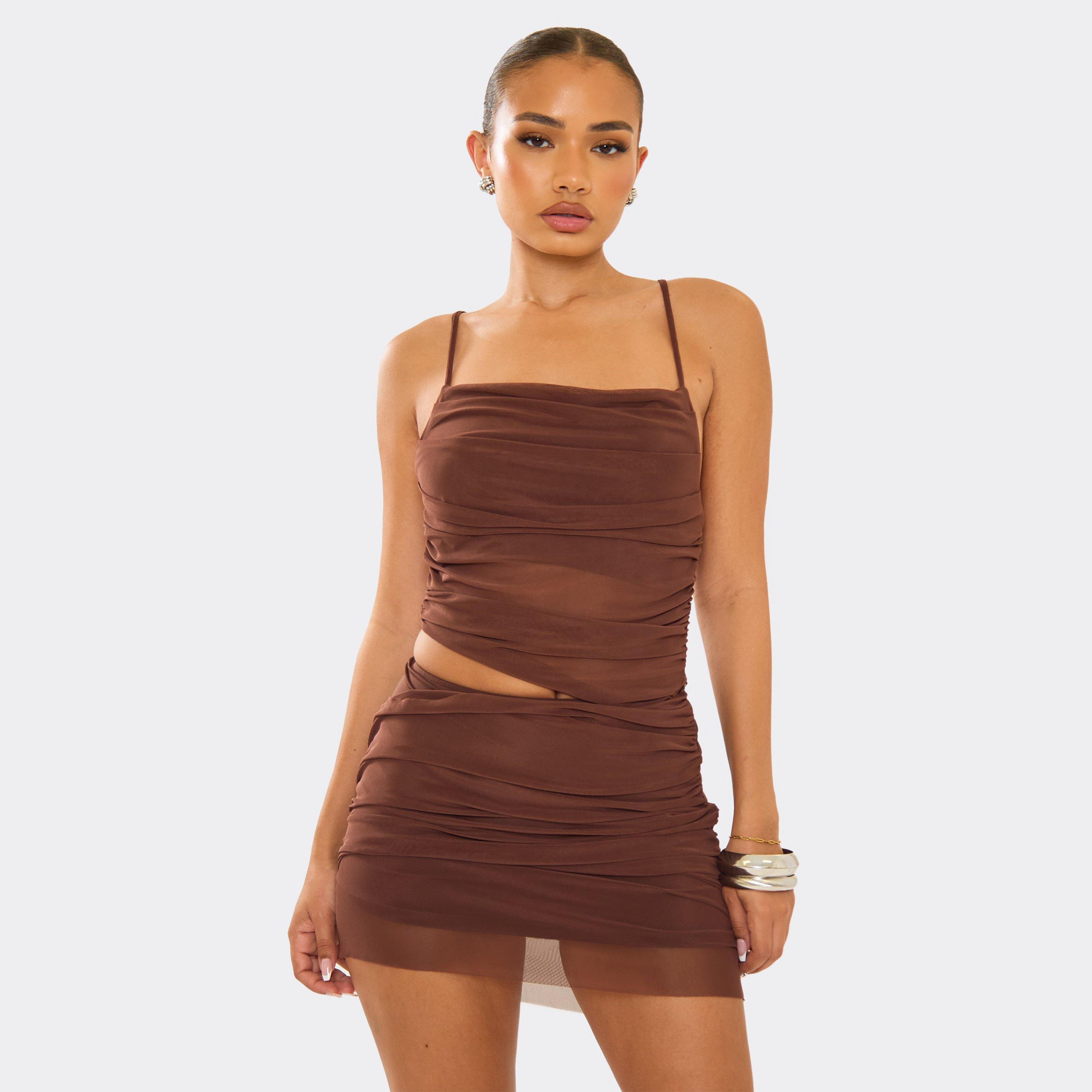 Square Neck Cut Out Ruched Detail Mini Dress In Chocolate Mesh, Women’s