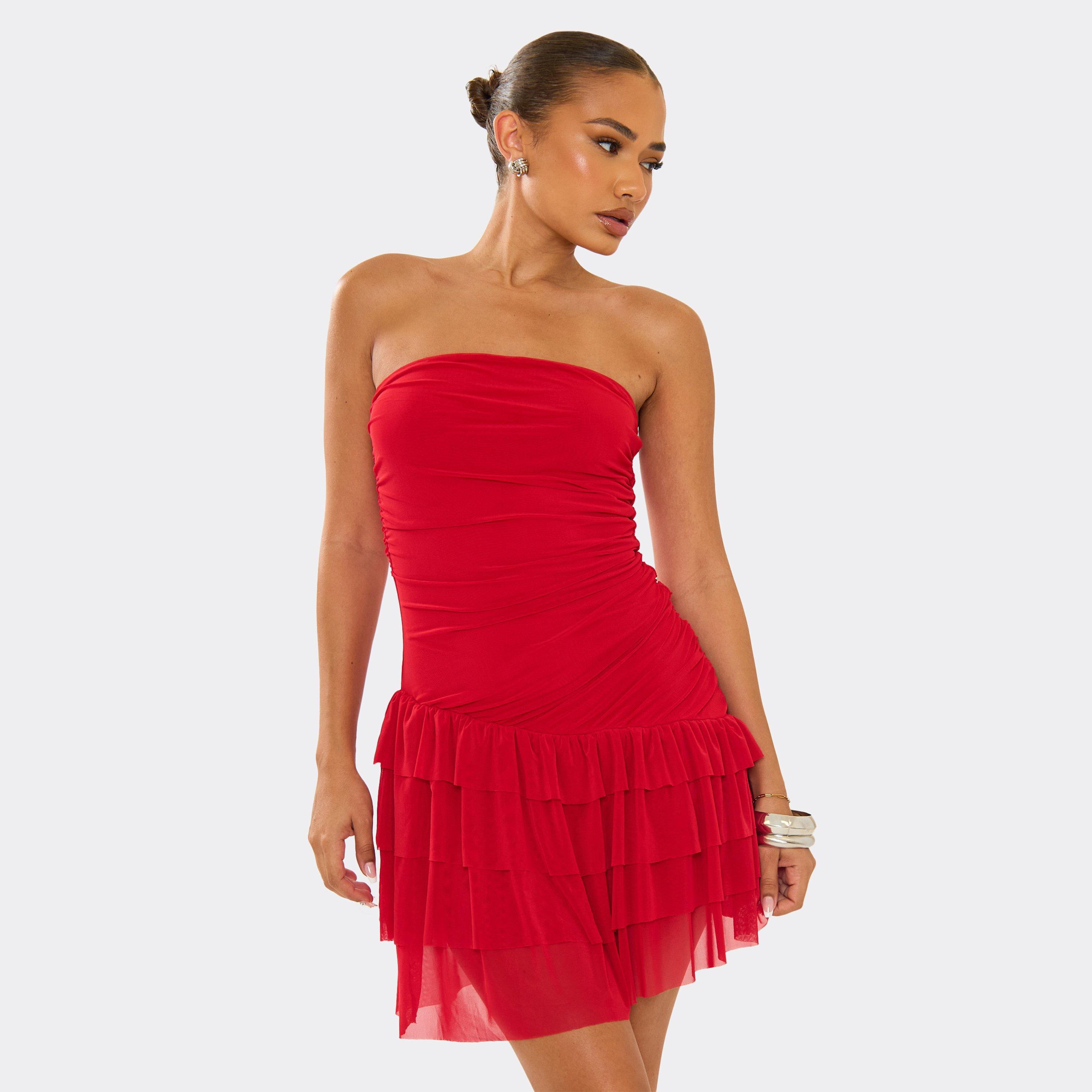 Bandeau Ruffle Detail Mini Dress In Red, Women’s