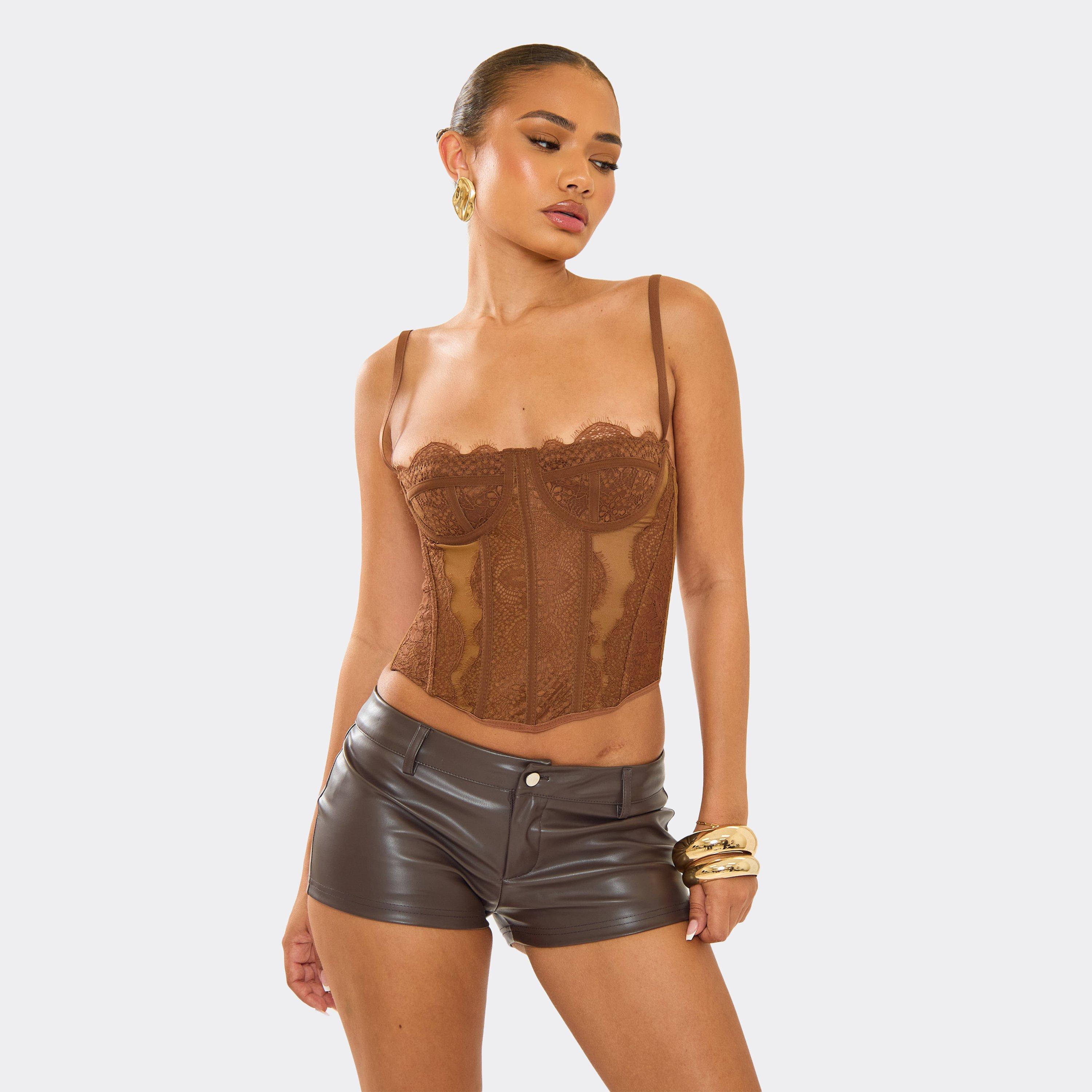 Cupped Detail Structured Corset Top In Chocolate Lace, Women's Size UK L