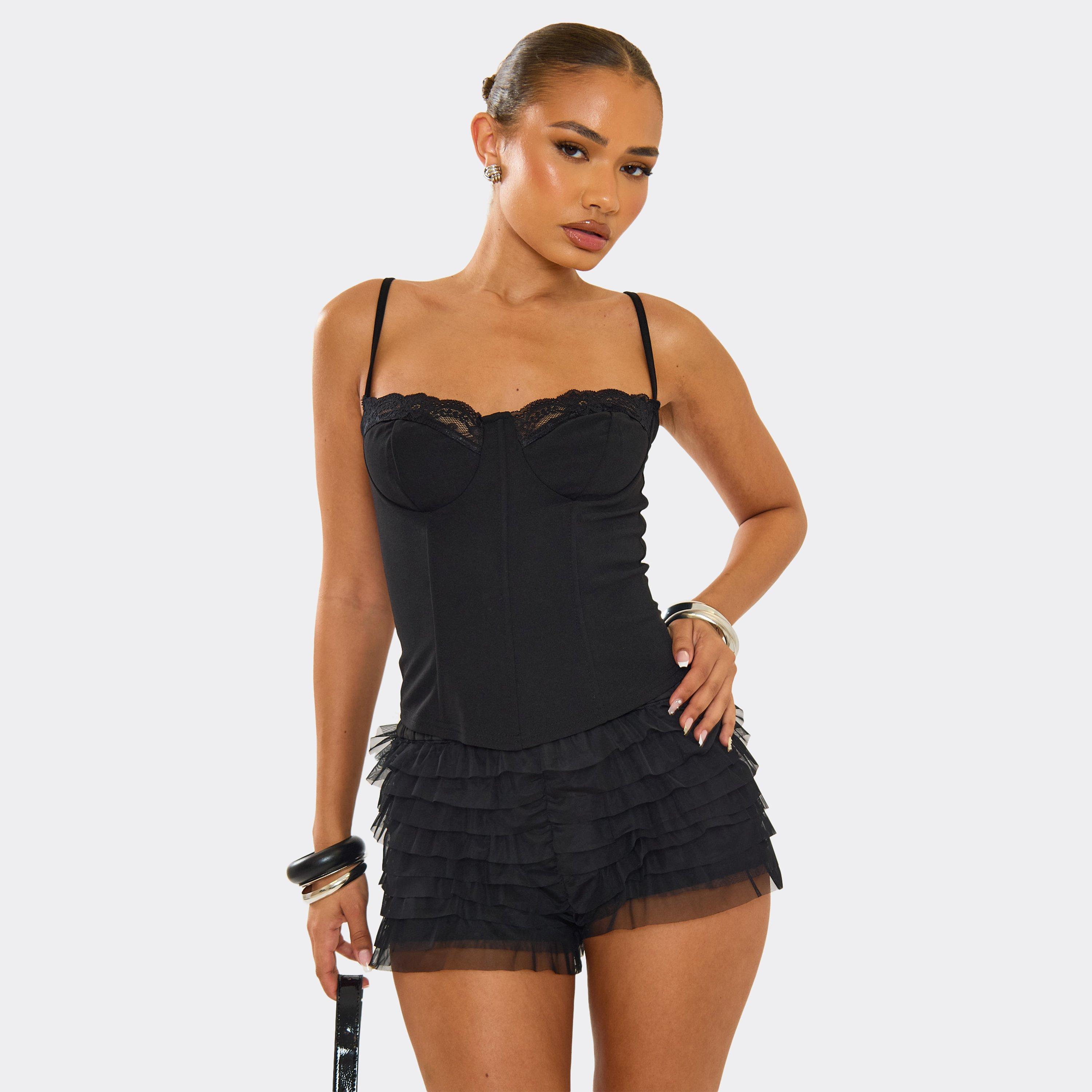 Cupped Detail Lace Trim Corset Top In Black, Women's Size UK M