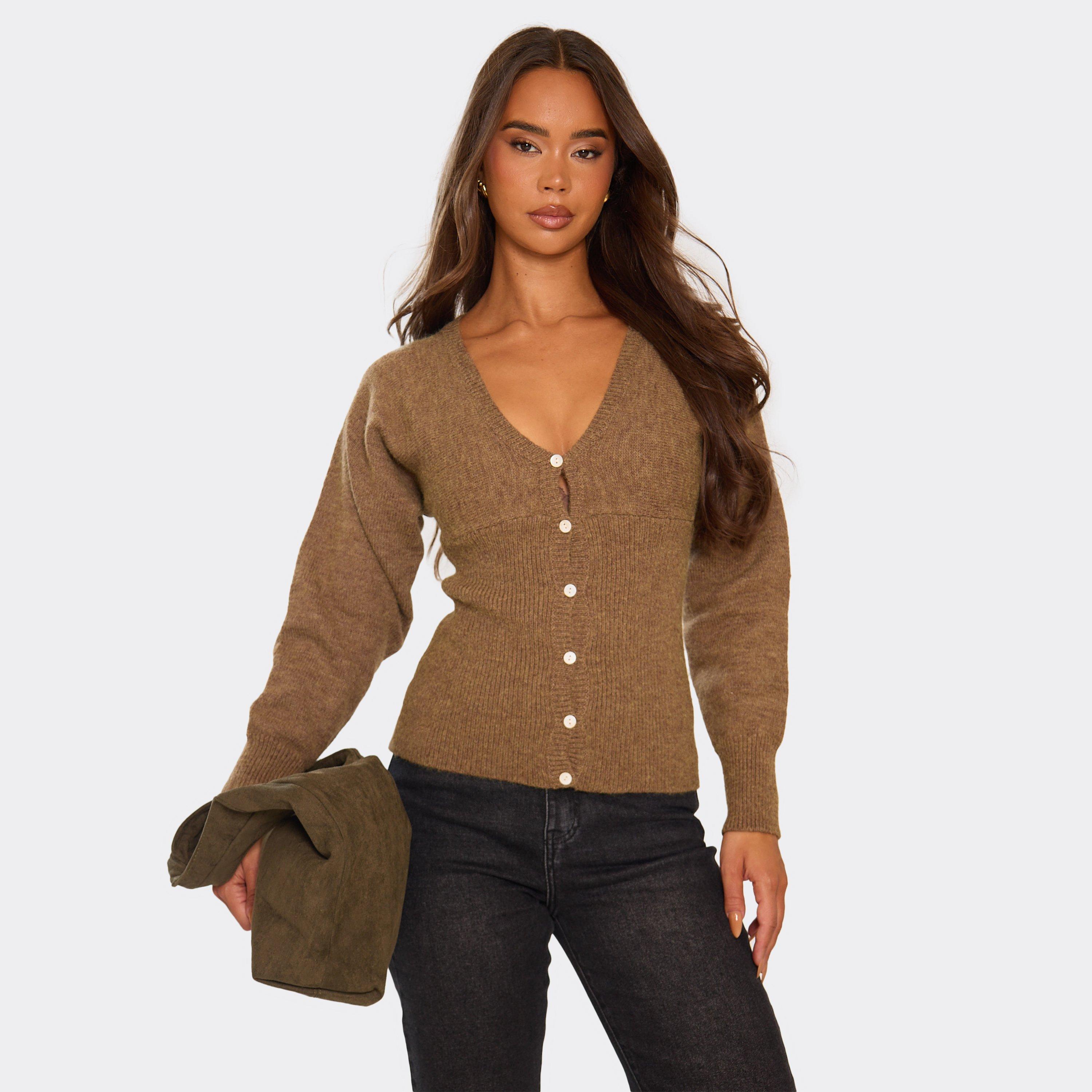 Long Sleeve Cinched Waist Detail Cardigan In Brown Knit, Women's Size UK M