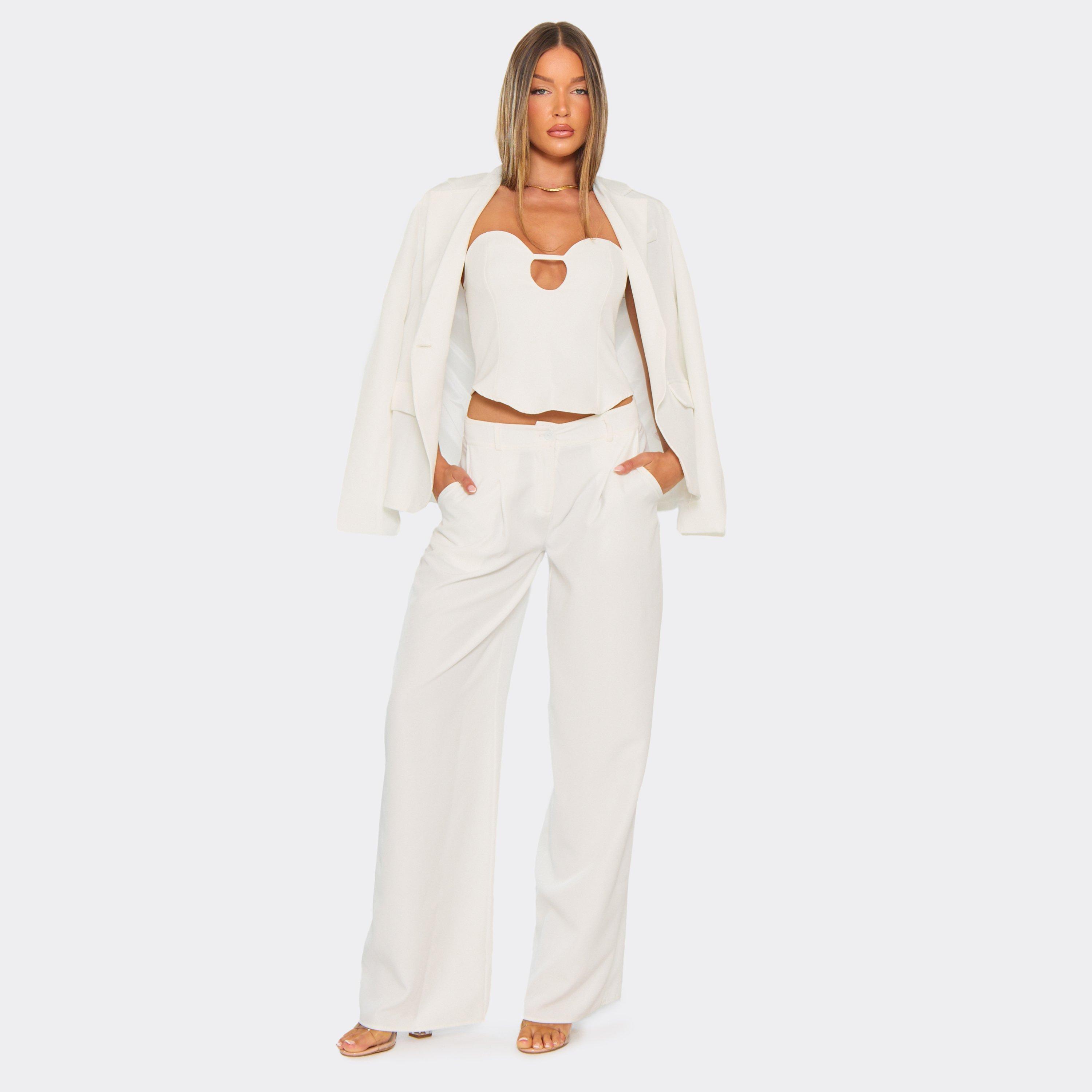 Low Rise Pleat Detail Wide Leg Trousers In White, Women’s