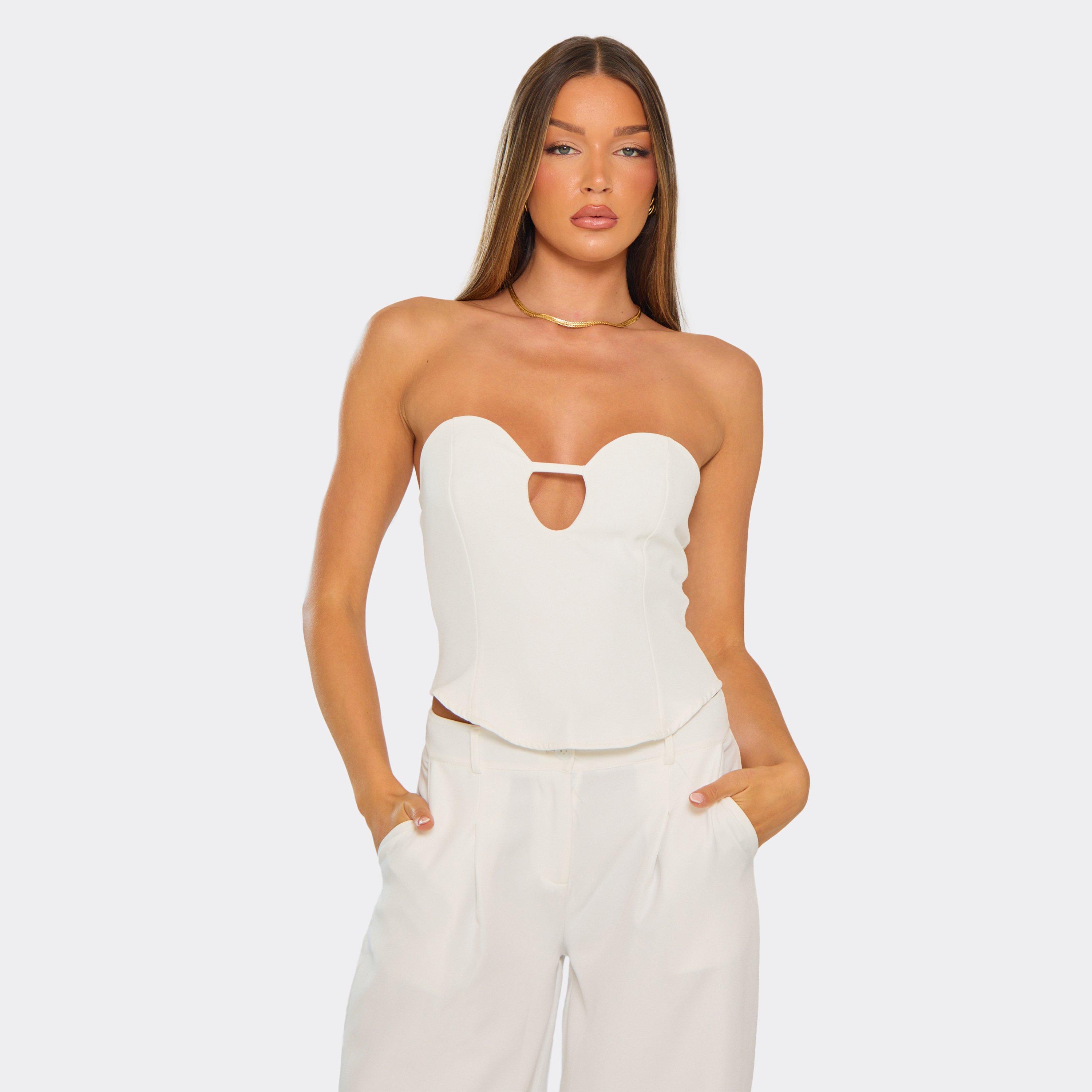 Bandeau Cut Out Detail Curved Hem Fitted Top In White, Women's Size UK 10