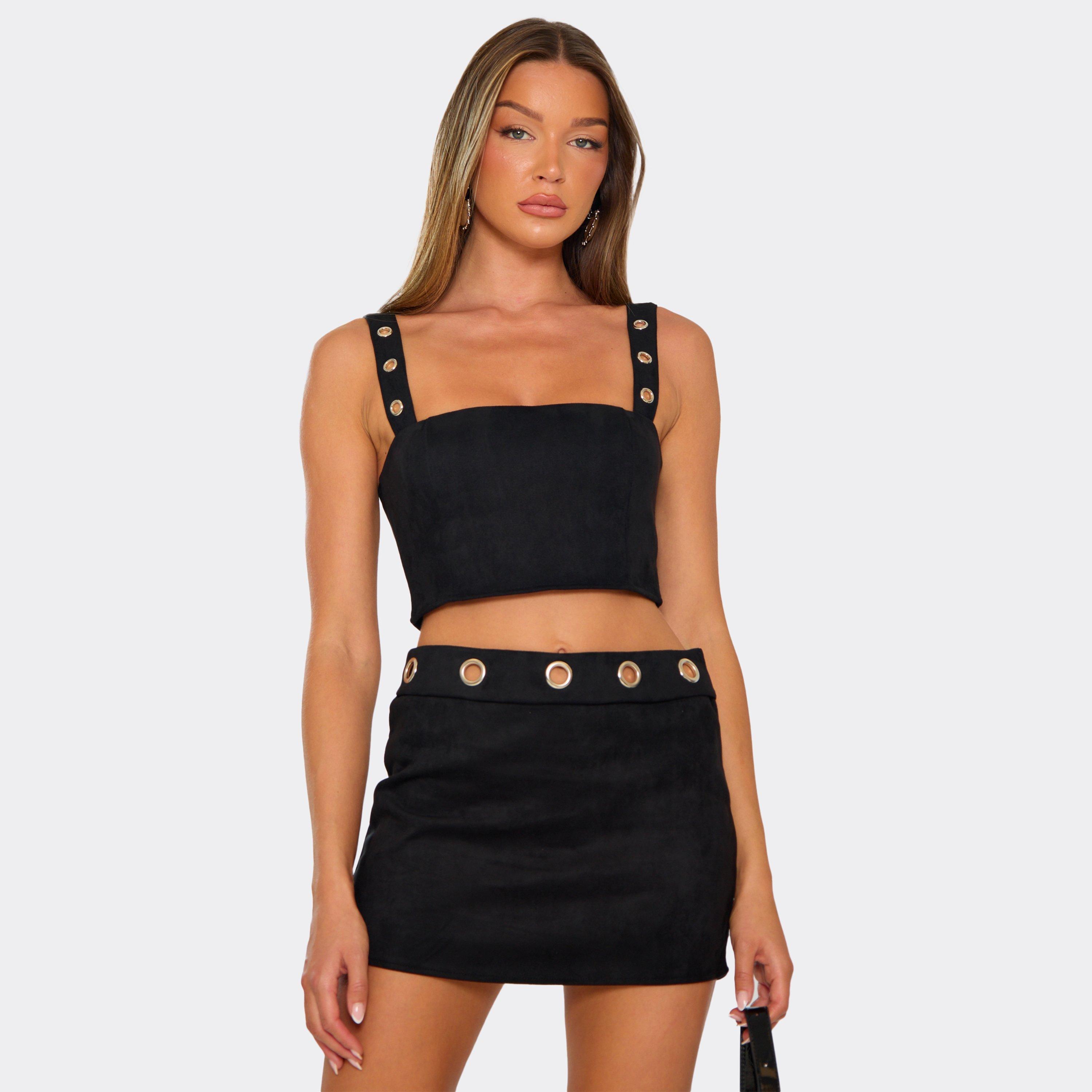 Square Neck Eyelet Detail Crop Top In Black, Women's Size UK 6