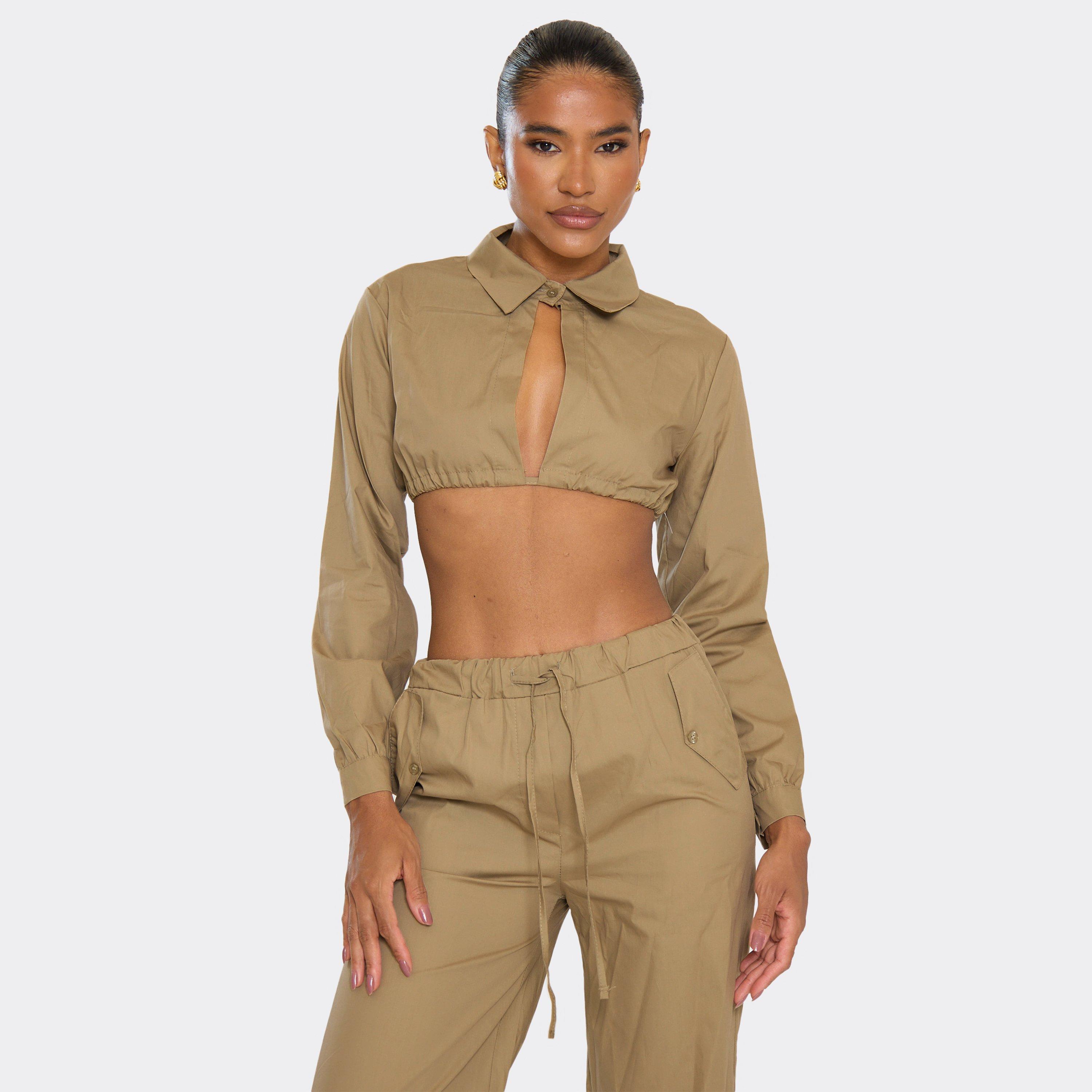 Long Sleeve Open Back Detail Cropped Shirt In Taupe, Women's Size UK 10