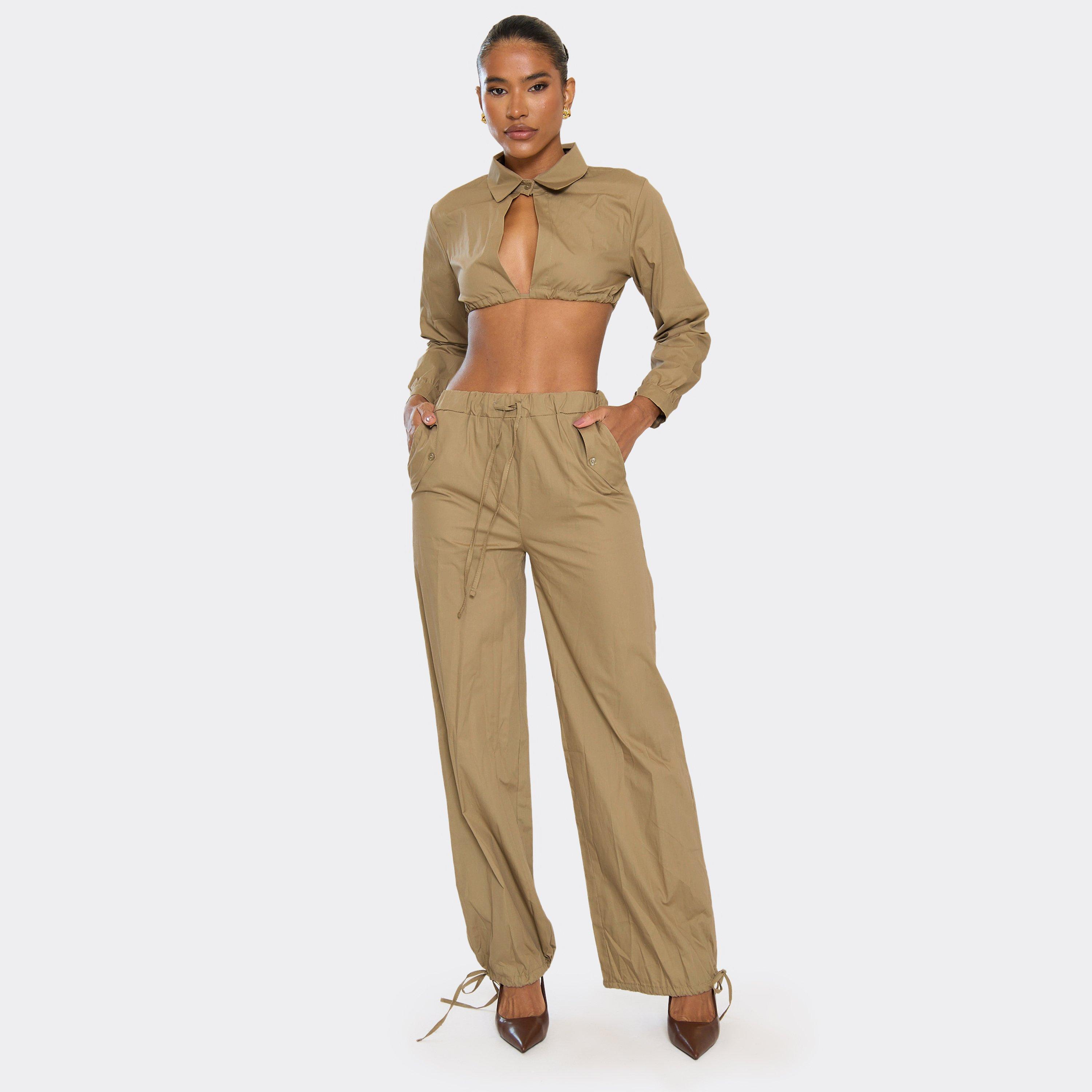 Image of Tie Waist Pocket Detail Wide Leg Trousers In Taupe, Women's
