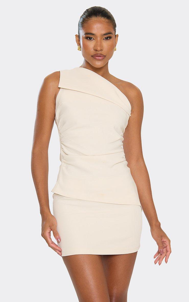 Long Sleeve Plunge Collar Detail Zip Front Crop Top In Stone | EGO