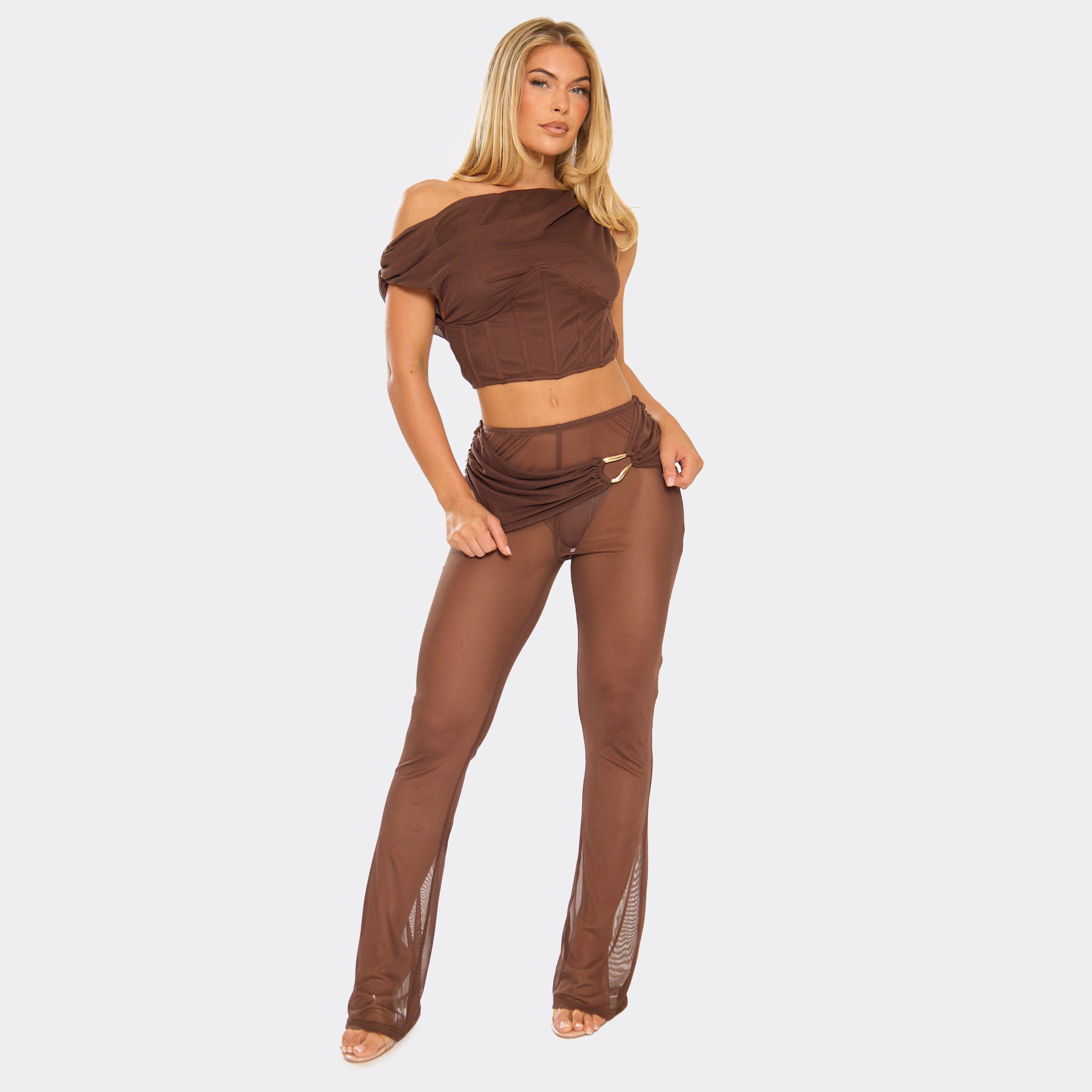 Low Rise Ruched Trim Detail Flared Trousers In Chocolate Brown Mesh, Women's Size UK 8
