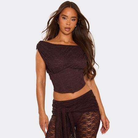 Asymmetric Corset Detail Top In Chocolate Brown Lace, Women's Size US