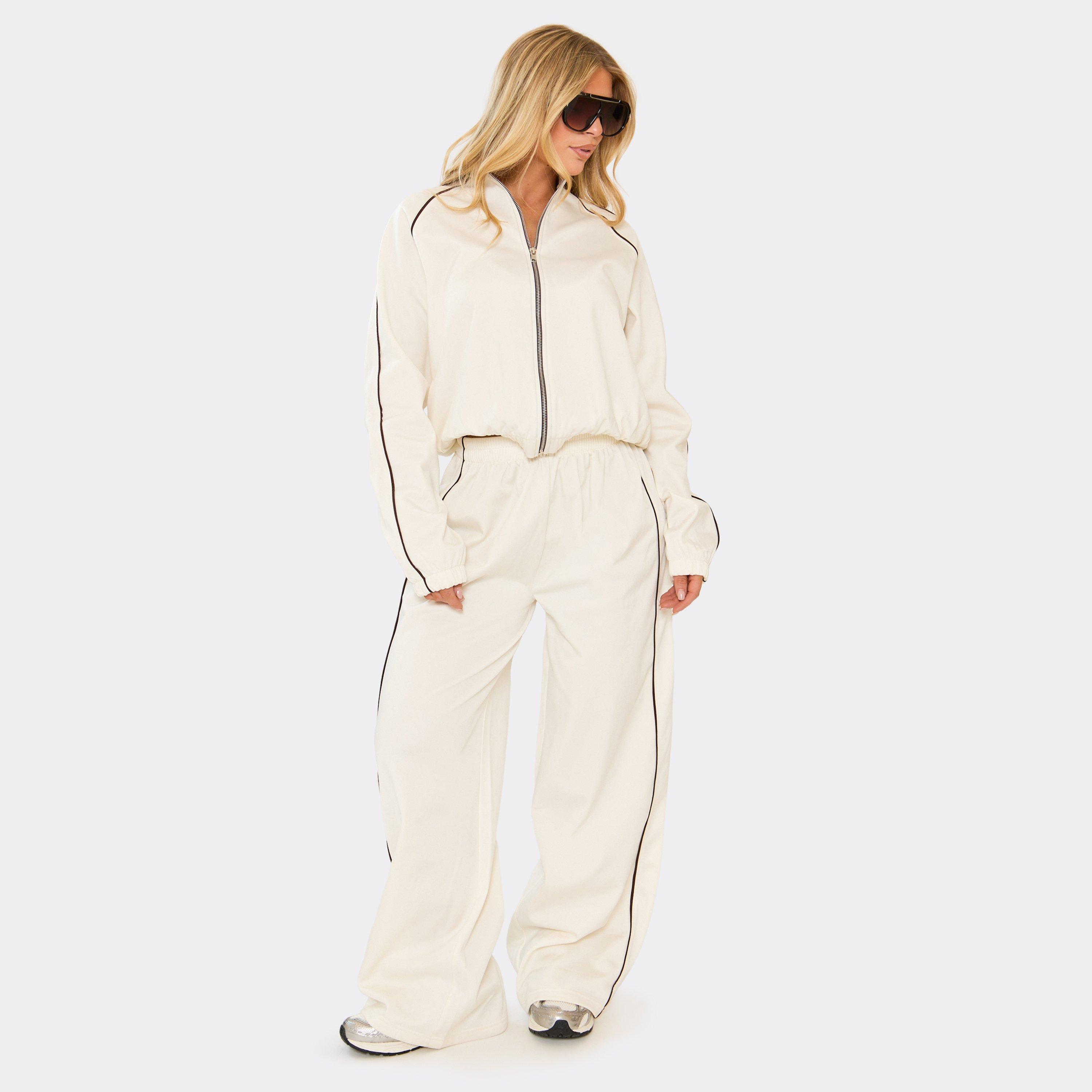 Contrast Detail Wide Leg Track Pants In Cream, Women’s