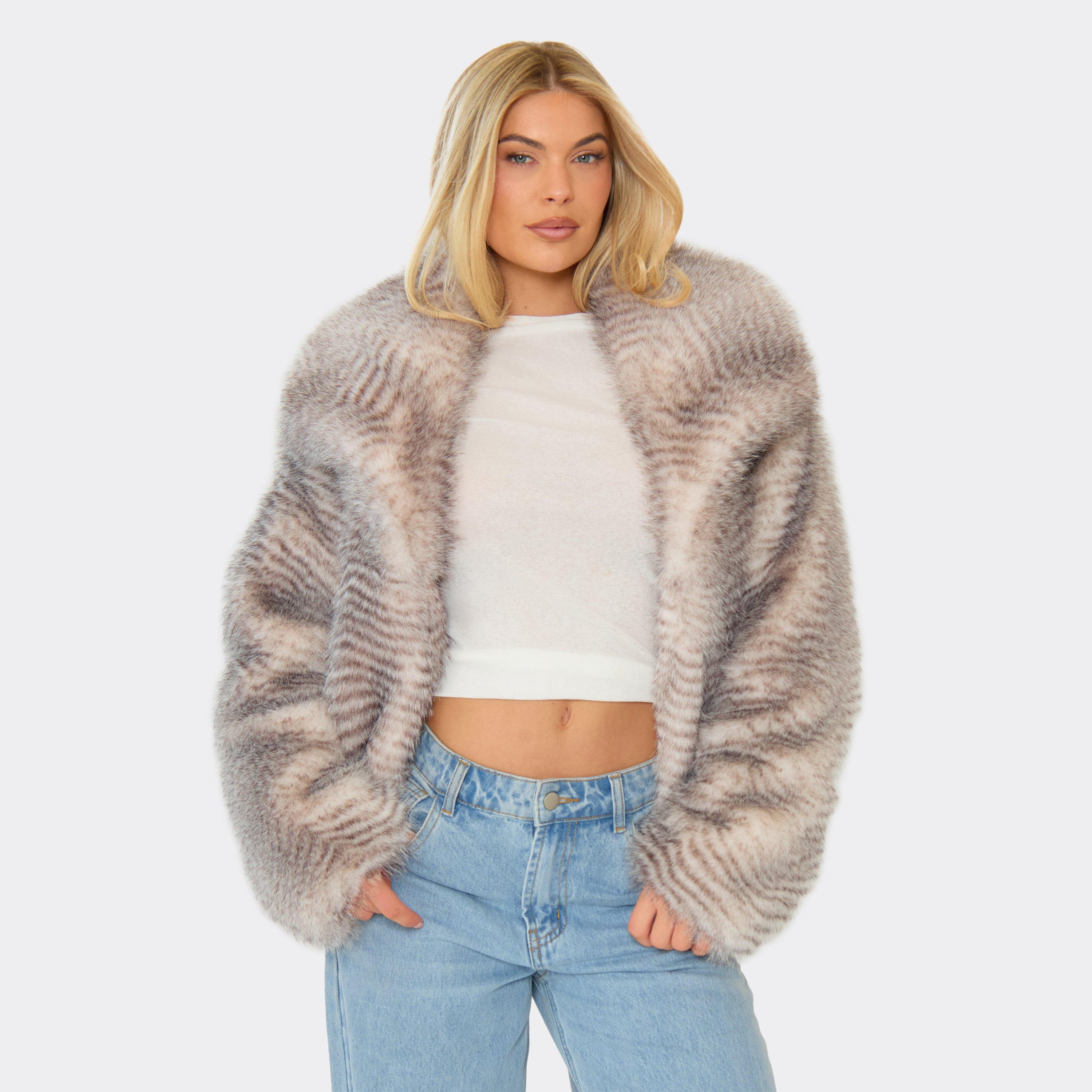 Oversized Collar Textured Detail Jacket In Grey Faux Fur, Women's Size UK 10