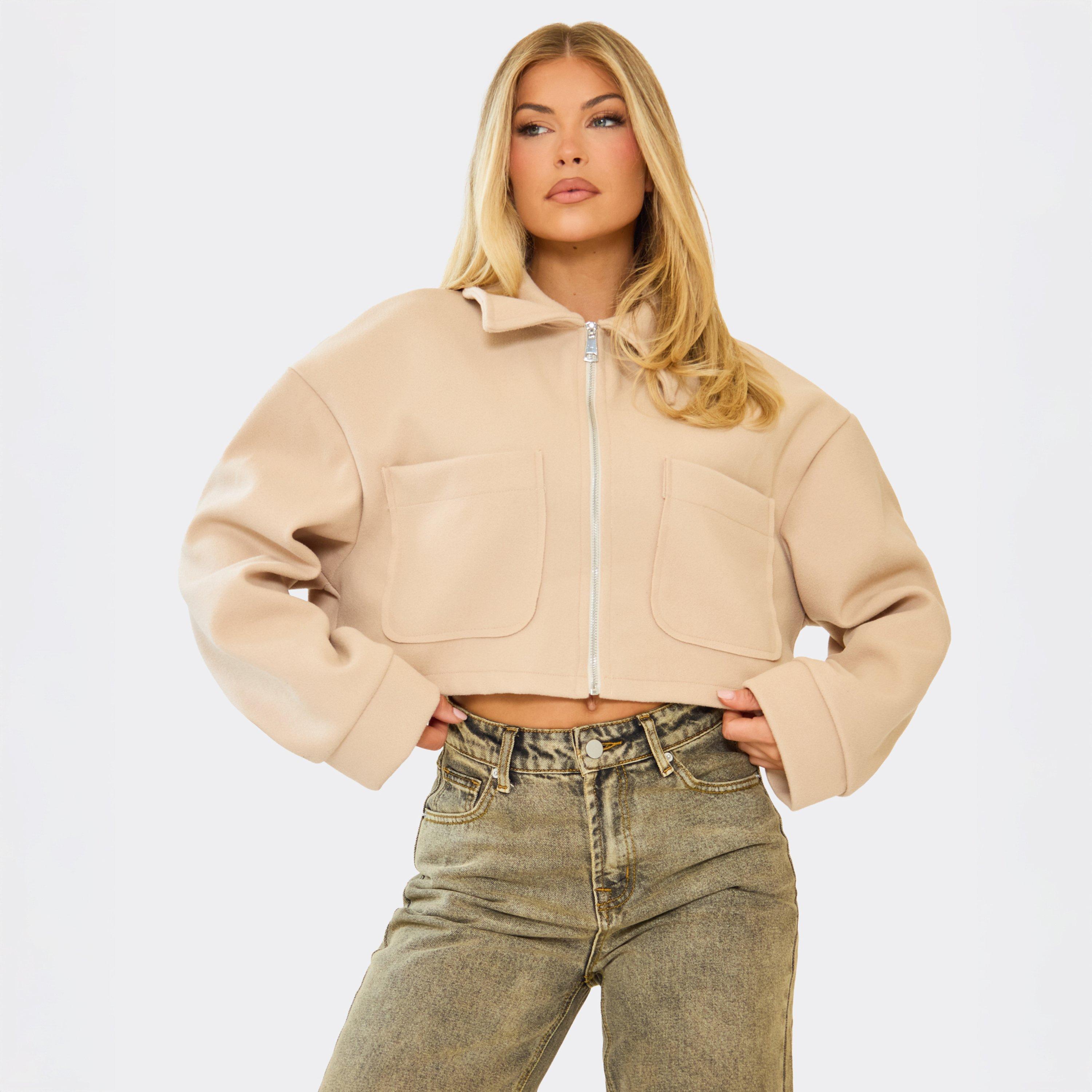 Long Sleeve Zip Up Detail Cropped Biker Jacket In Stone Wool, Women's Size UK 6