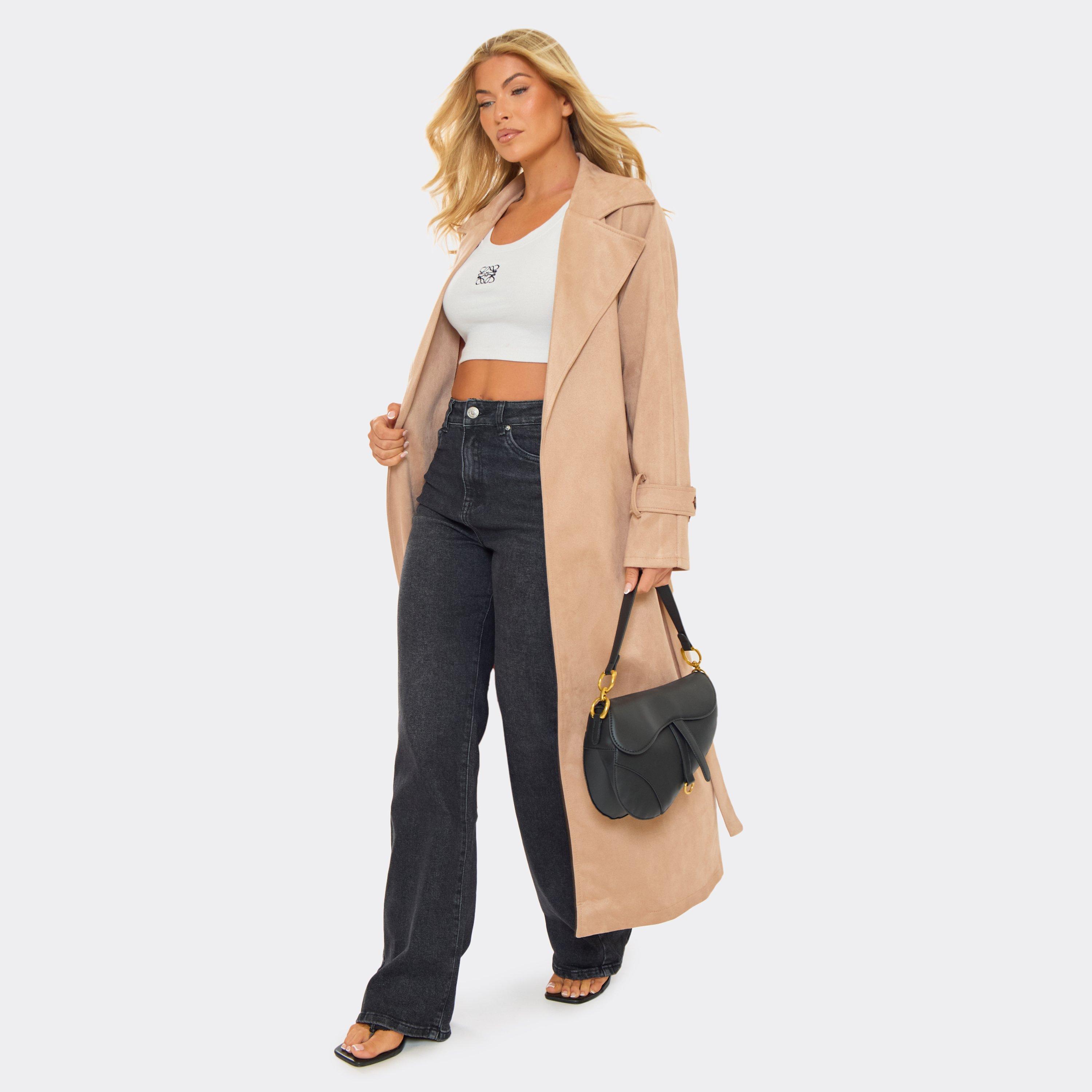 Long Sleeve Longline Trench Coat In Stone Suede, Women’s