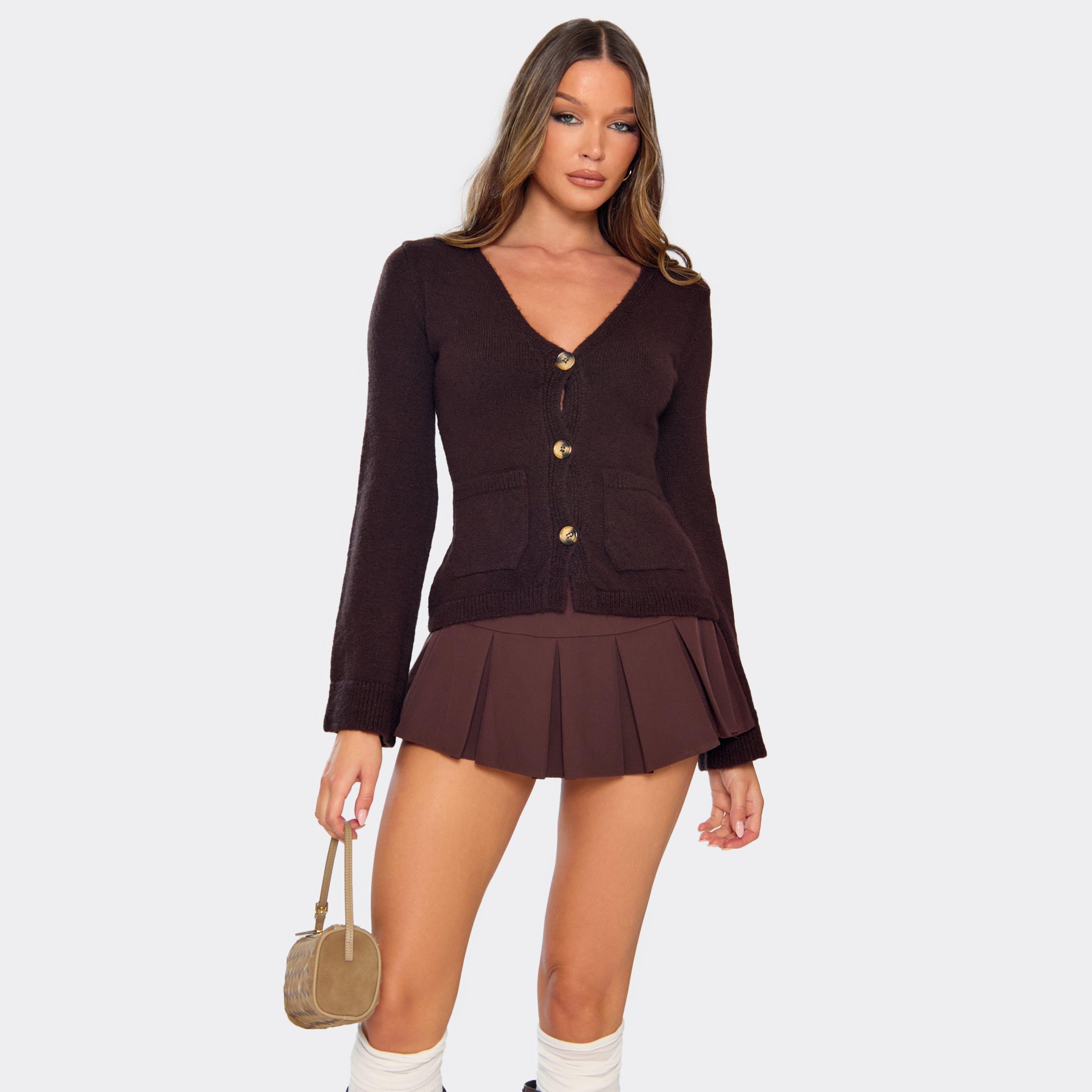 Mid Rise Pleated Detail Mini Skort In Chocolate Brown, Women's Size UK 10