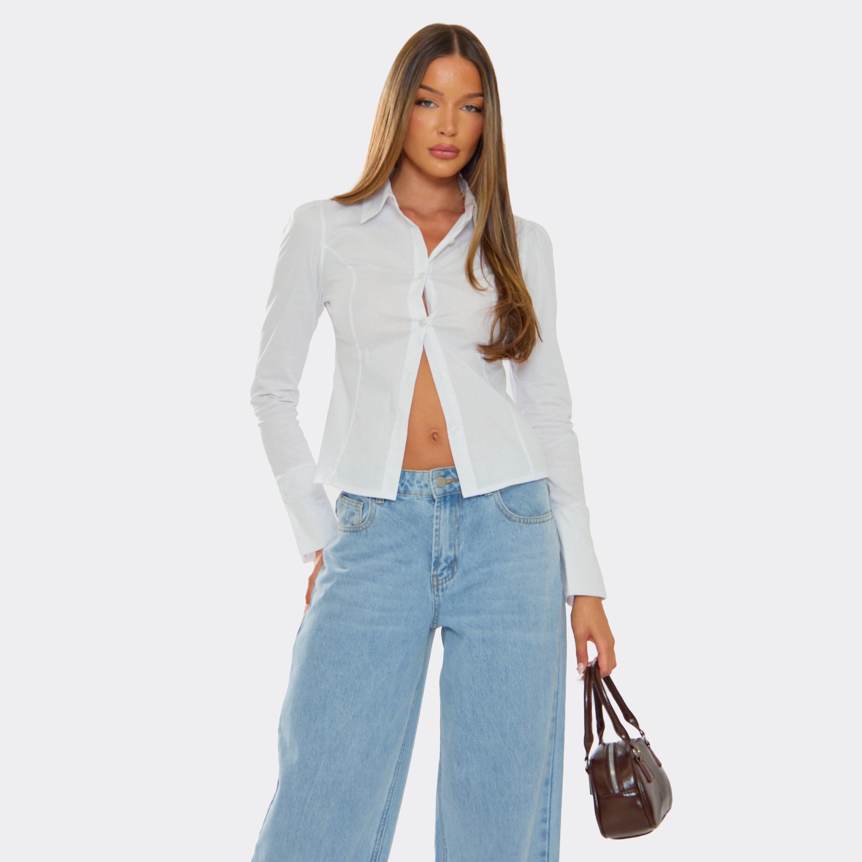 Cuff Long Sleeve Cinched Waist Detail Shirt In White, Women's Size UK 14