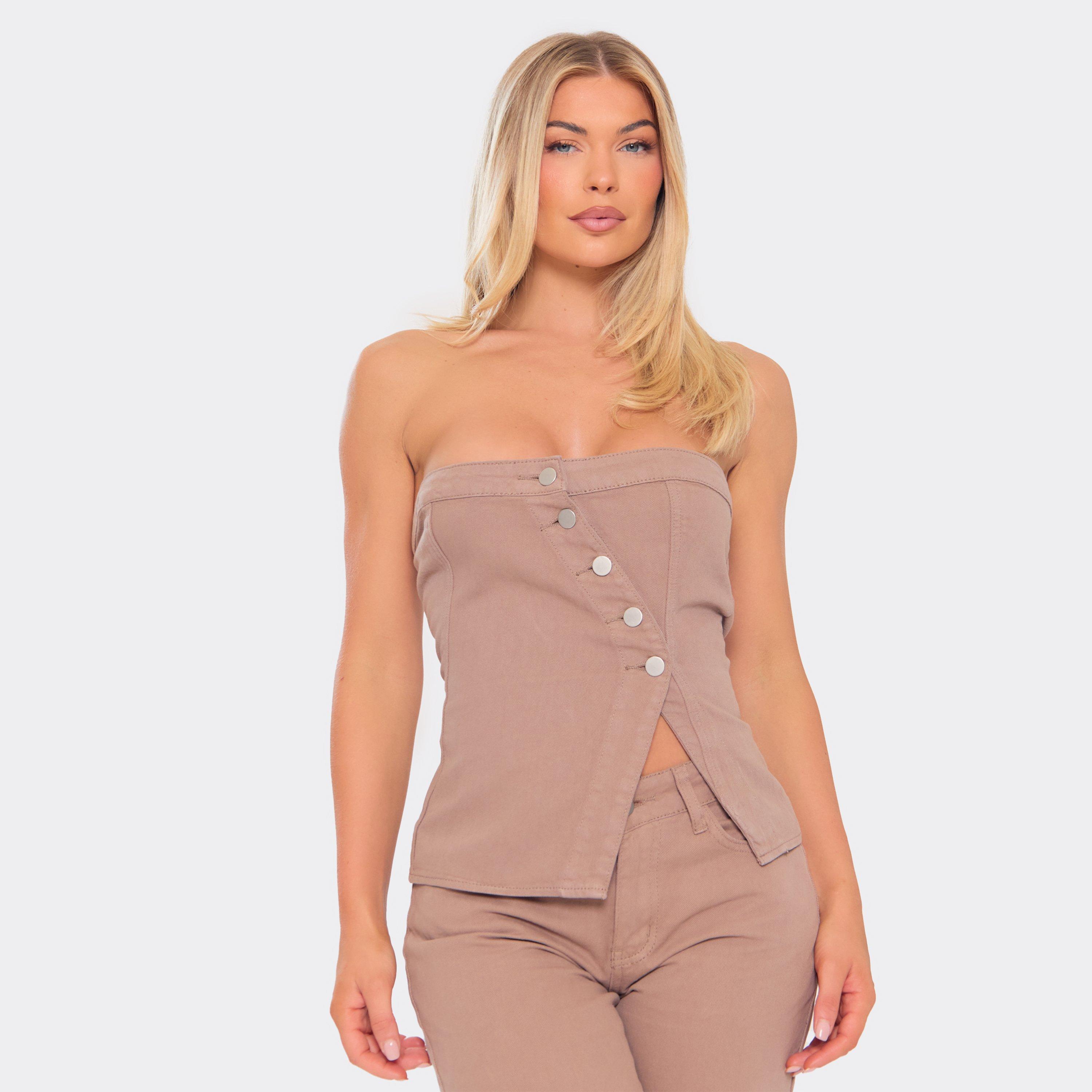 Image of Bandeau Button Down Top In Light Brown Denim, Women's