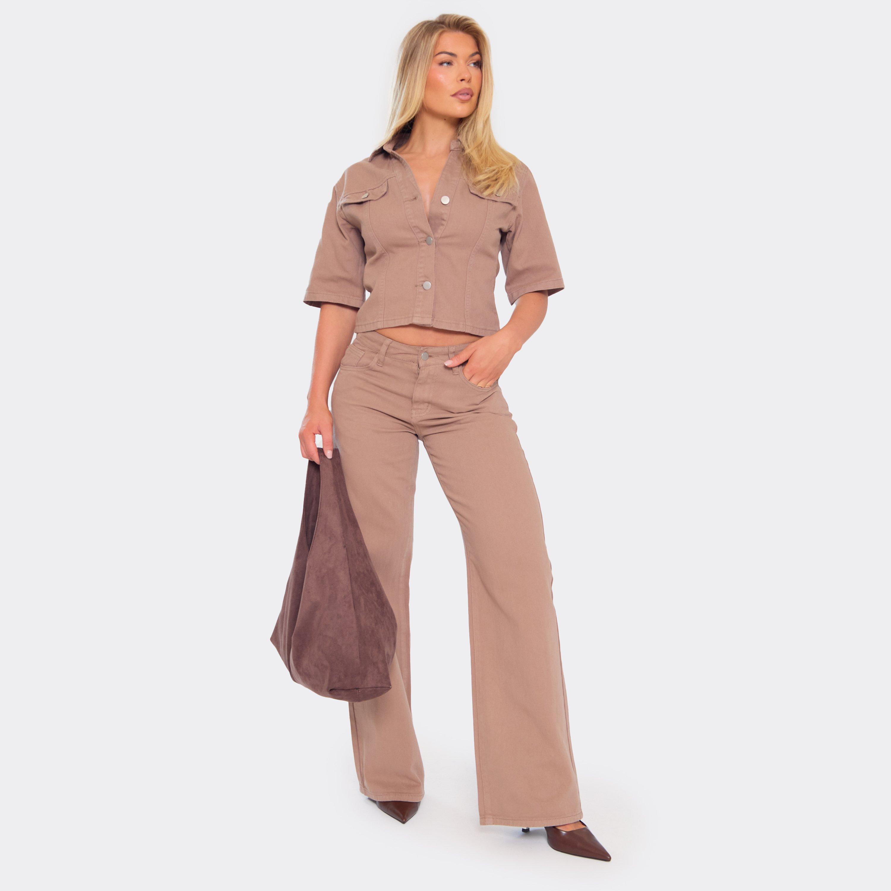 Low Rise Wide Leg Jeans In Light Brown Denim, Women's Size UK 6