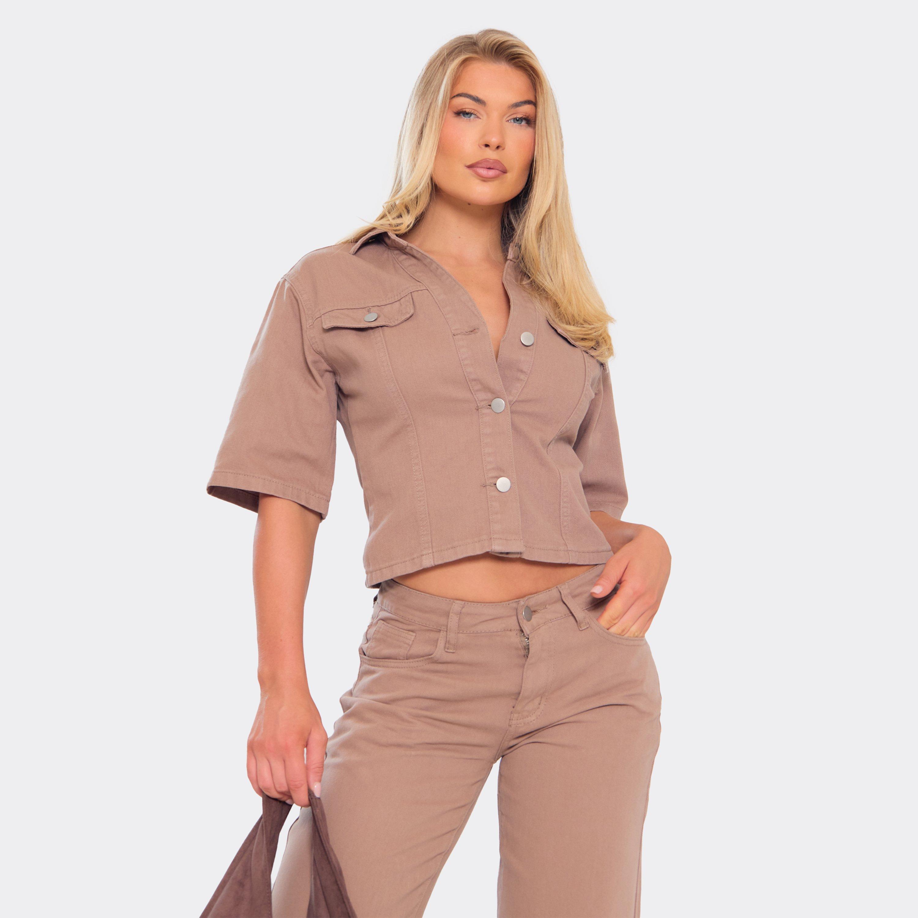 Short Sleeve Button Up Detail Top In Light Brown Denim, Women's Size UK 6